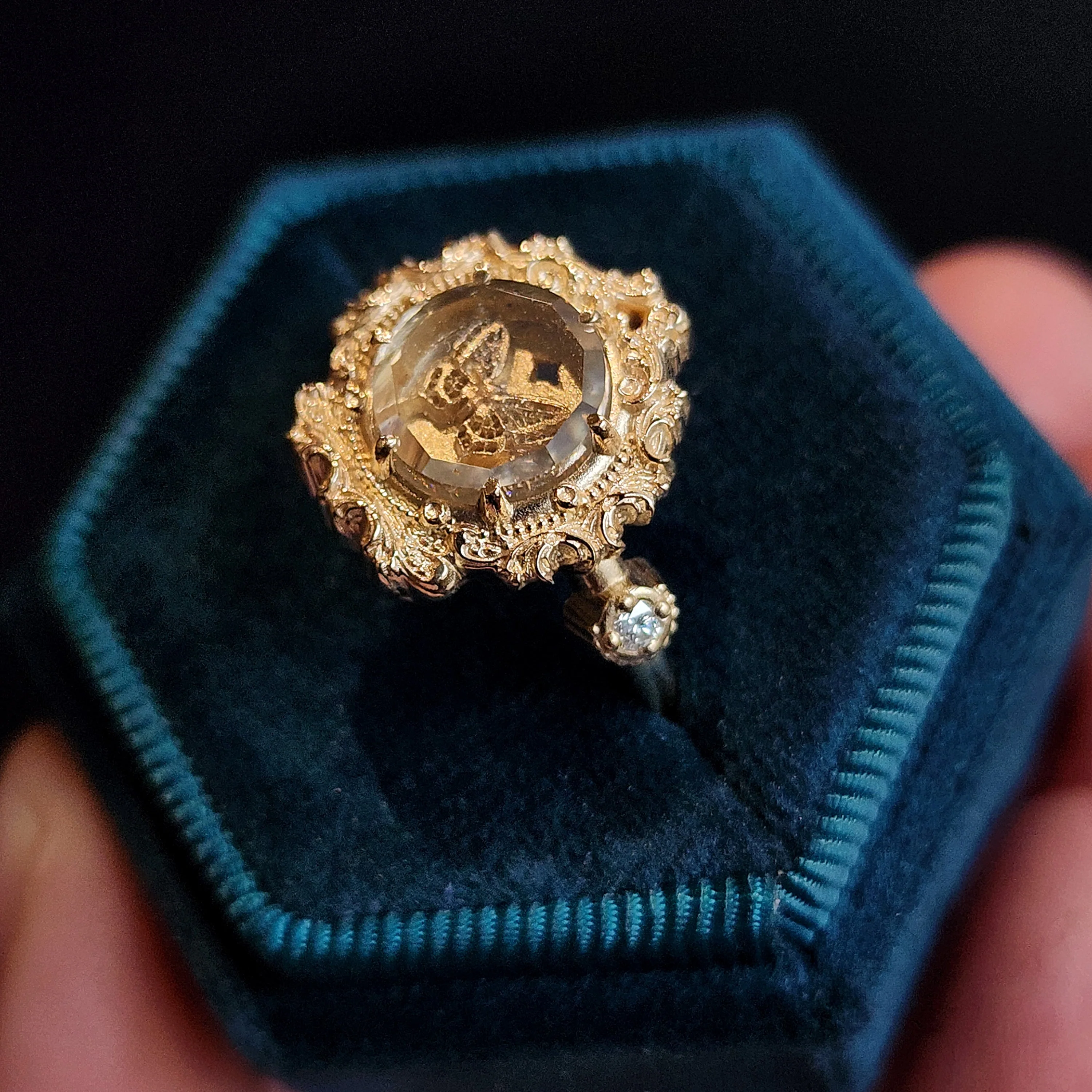 Butterfly Shadowbox Ring with Portrait Cut Moissanite and Diamonds Baroque Frame - 14k Gold Bug Jewelry - Image 6