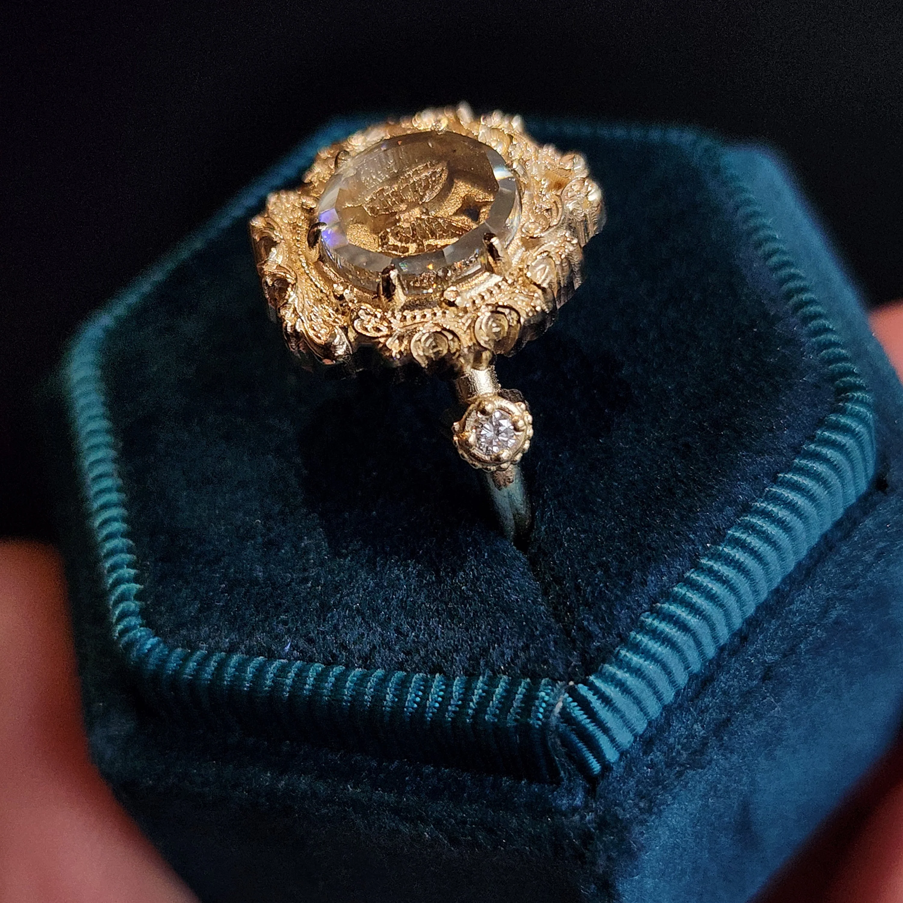 Butterfly Shadowbox Ring with Portrait Cut Moissanite and Diamonds Baroque Frame - 14k Gold Bug Jewelry - Image 7