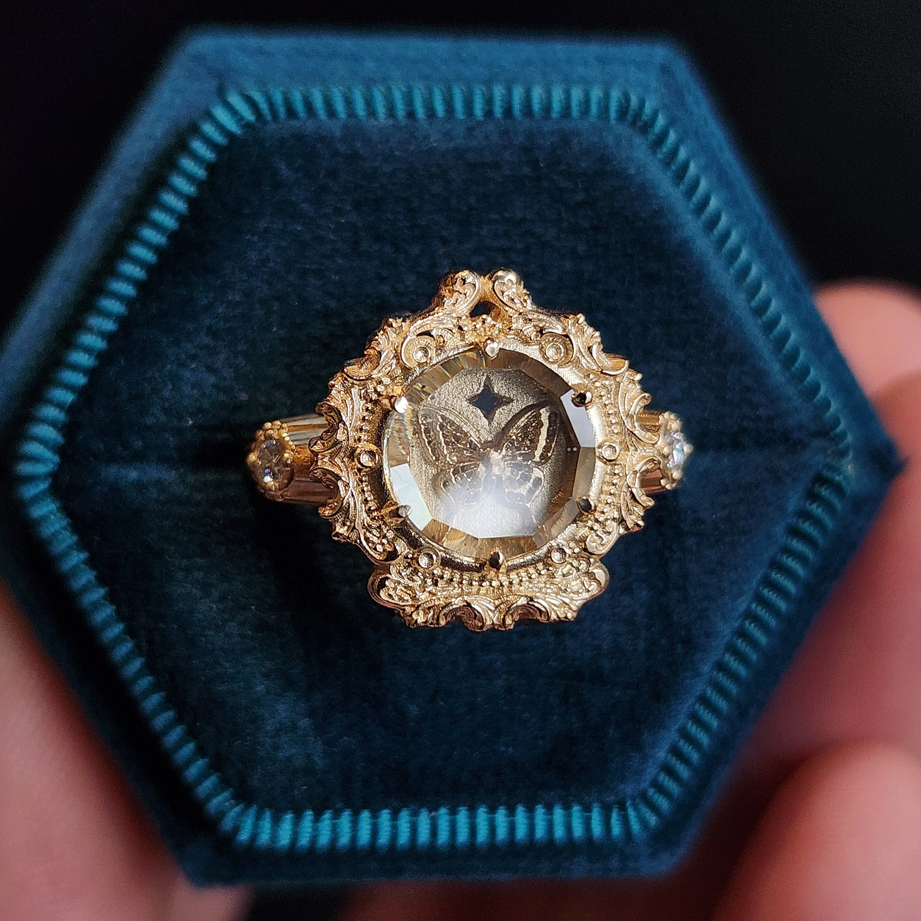 Butterfly Shadowbox Ring with Portrait Cut Moissanite and Diamonds Baroque Frame - 14k Gold Bug Jewelry - Image 9