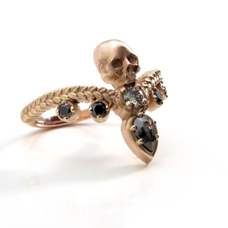 Catacomb Skull Ring with Salt & Pepper Diamond Pear and Black and White Diamonds - 14k Rose Gold - Pick your Pear Diamond - Image 10