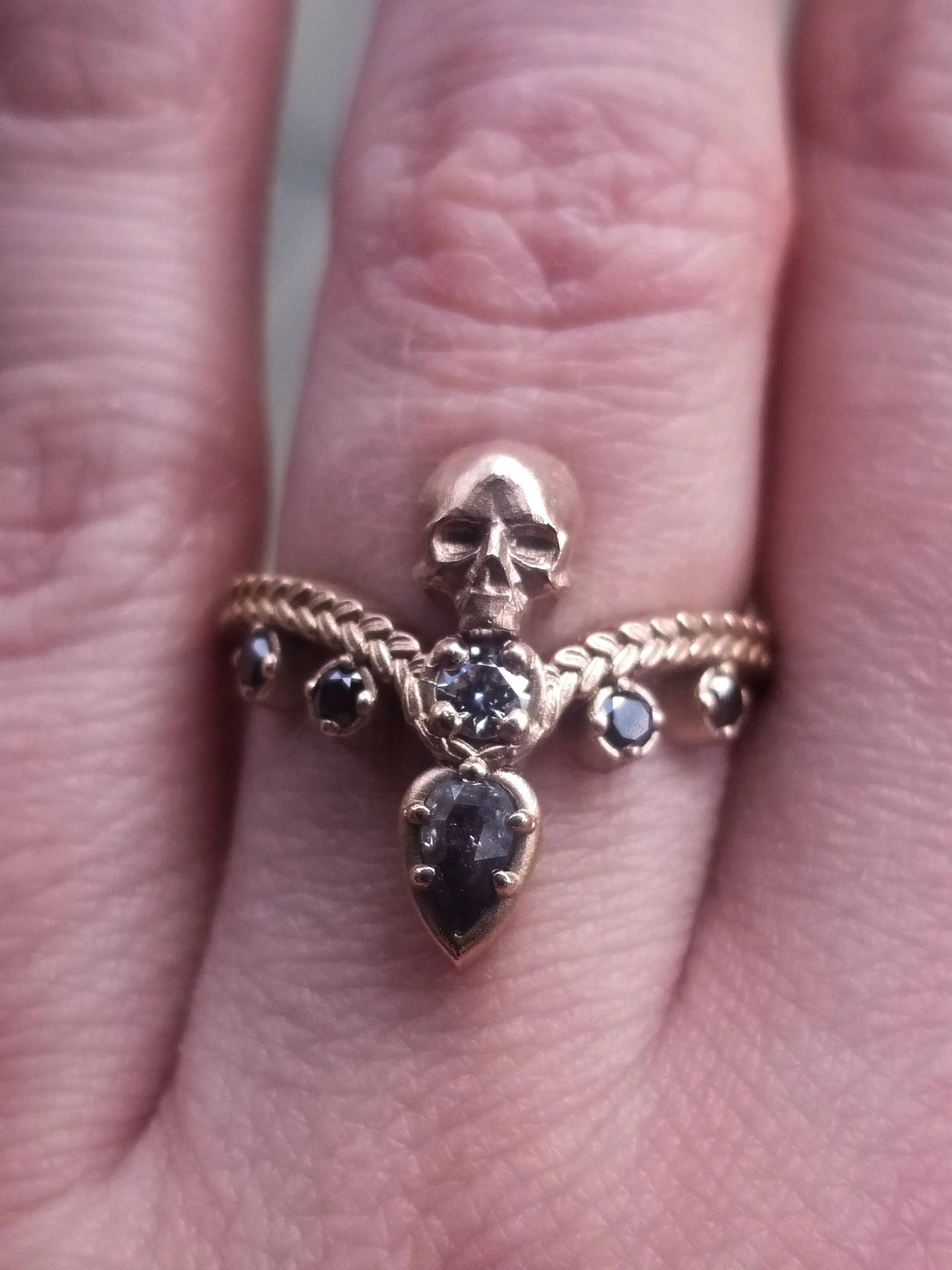 Catacomb Skull Ring with Salt & Pepper Diamond Pear and Black and White Diamonds - 14k Rose Gold - Pick your Pear Diamond - Image 3