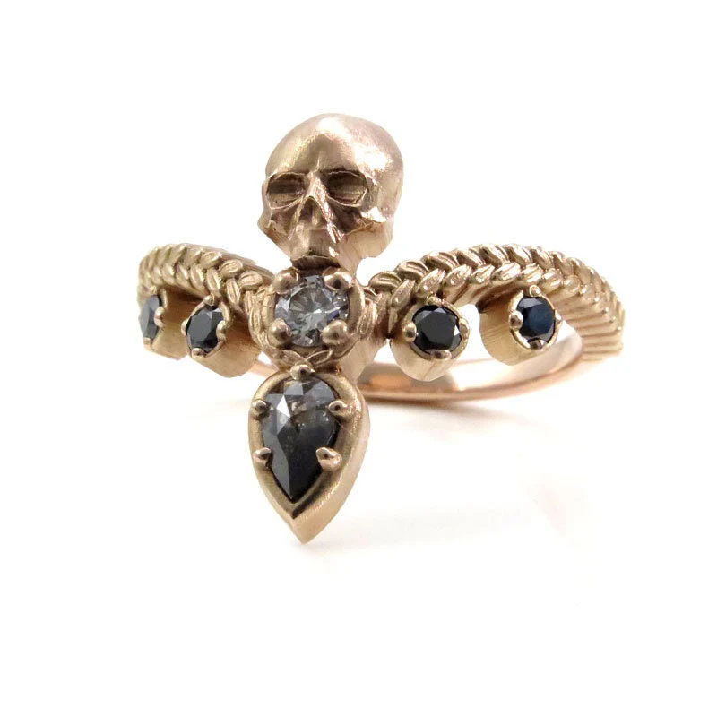 Catacomb Skull Ring with Salt & Pepper Diamond Pear and Black and White Diamonds - 14k Rose Gold - Pick your Pear Diamond - Image 4