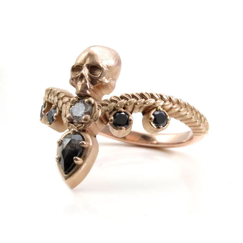 Catacomb Skull Ring with Salt & Pepper Diamond Pear and Black and White Diamonds - 14k Rose Gold - Pick your Pear Diamond - Image 5