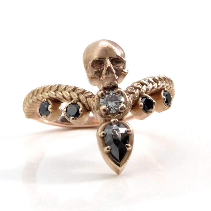 Catacomb Skull Ring with Salt & Pepper Diamond Pear and Black and White Diamonds - 14k Rose Gold - Pick your Pear Diamond - Image 7