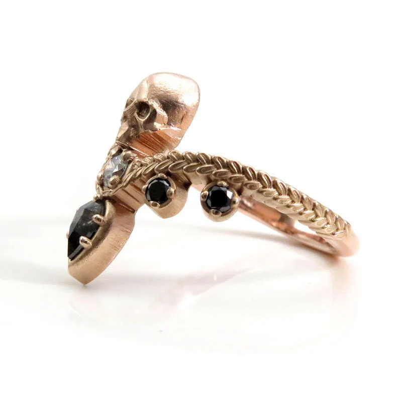 Catacomb Skull Ring with Salt & Pepper Diamond Pear and Black and White Diamonds - 14k Rose Gold - Pick your Pear Diamond - Image 8