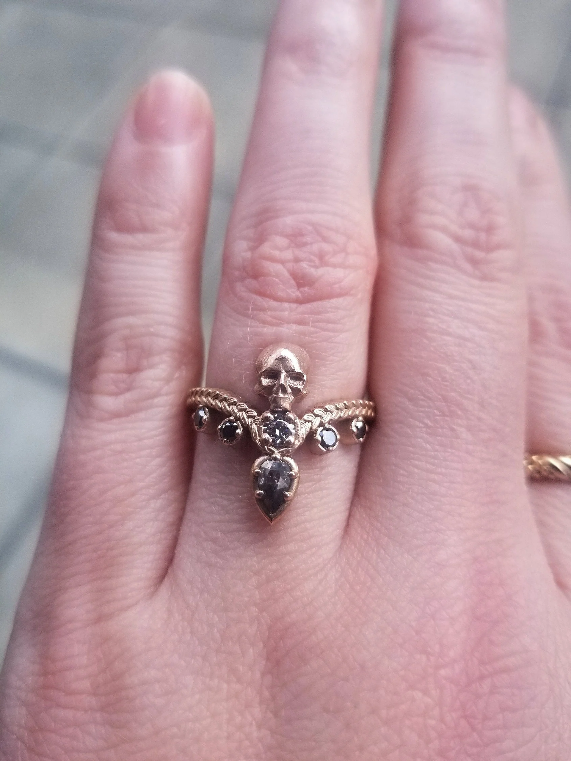 Catacomb Skull Ring with Salt & Pepper Diamond Pear and Black and White Diamonds - 14k Rose Gold - Pick your Pear Diamond - Image 9