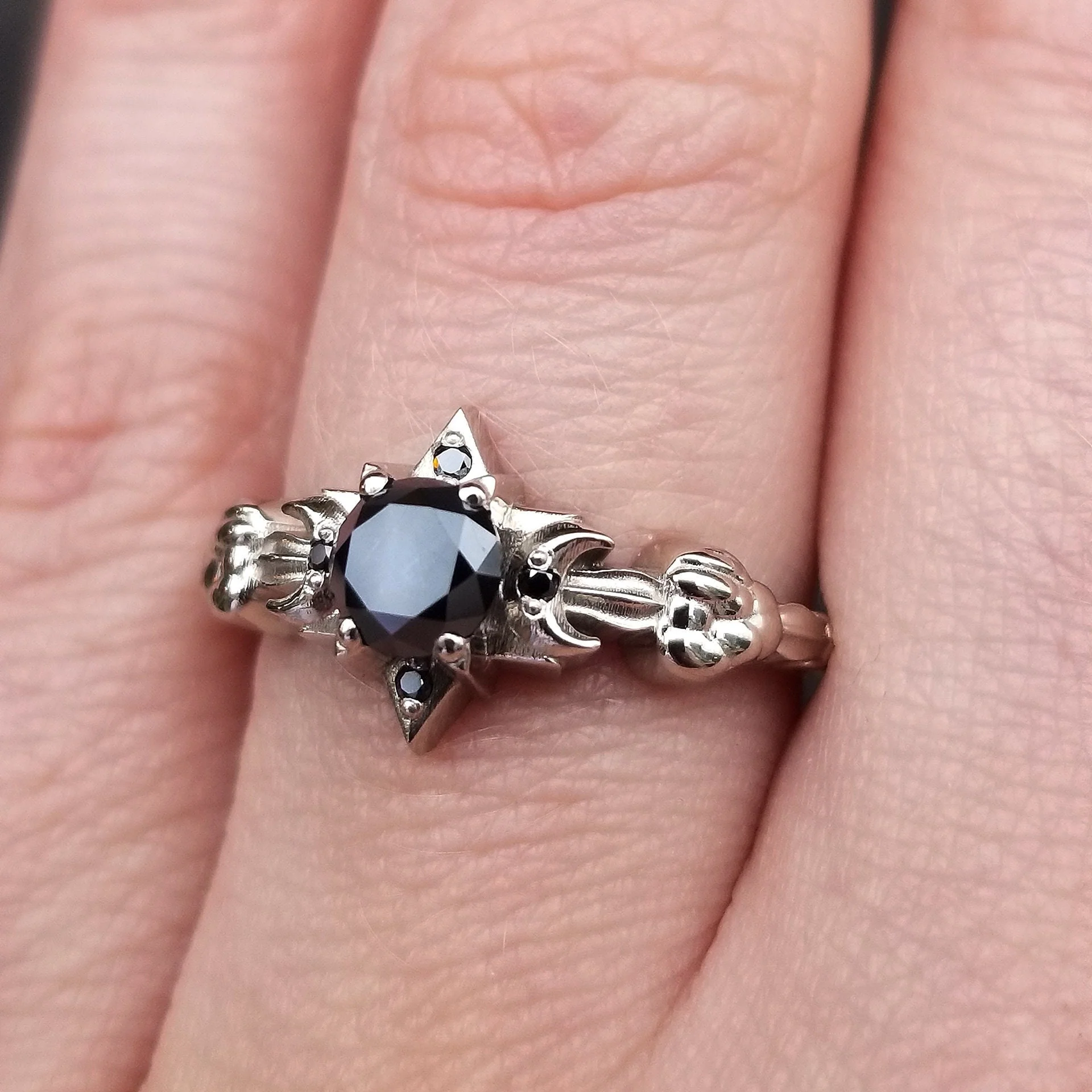 Celestial Black Diamond Engagement Ring - Moon, Star and Clouds - 14k Palladium White Gold Gothic Fine Jewelry - Image 10