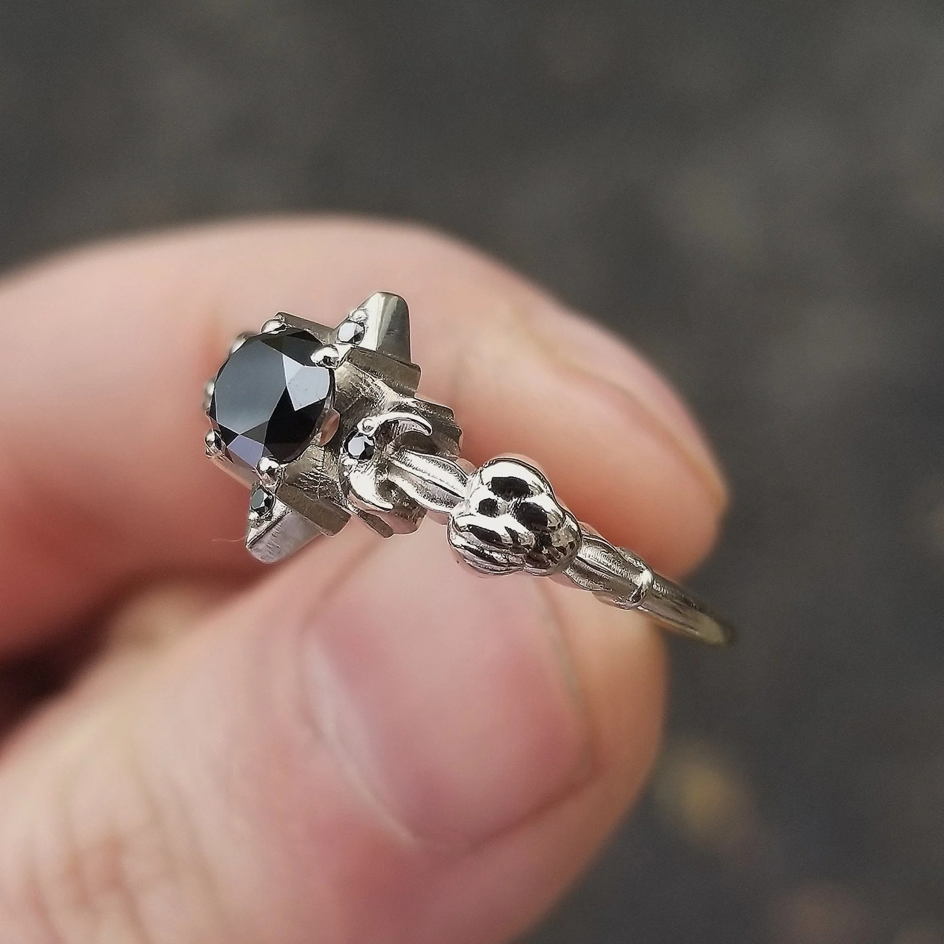 Celestial Black Diamond Engagement Ring - Moon, Star and Clouds - 14k Palladium White Gold Gothic Fine Jewelry - Image 5