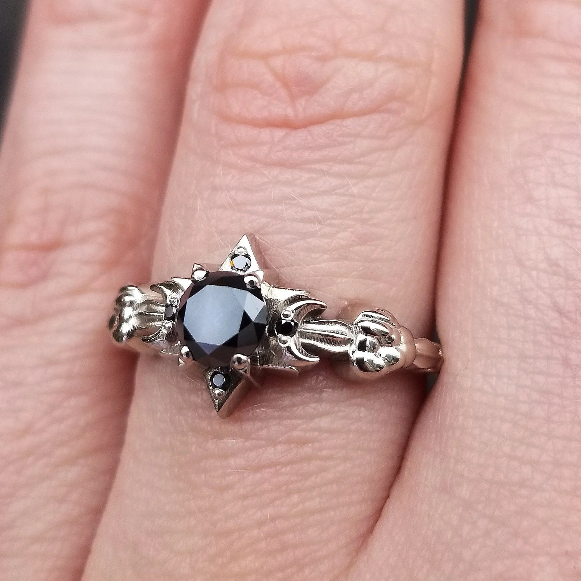 Celestial Black Diamond Engagement Ring - Moon, Star and Clouds - 14k Palladium White Gold Gothic Fine Jewelry - Image 6