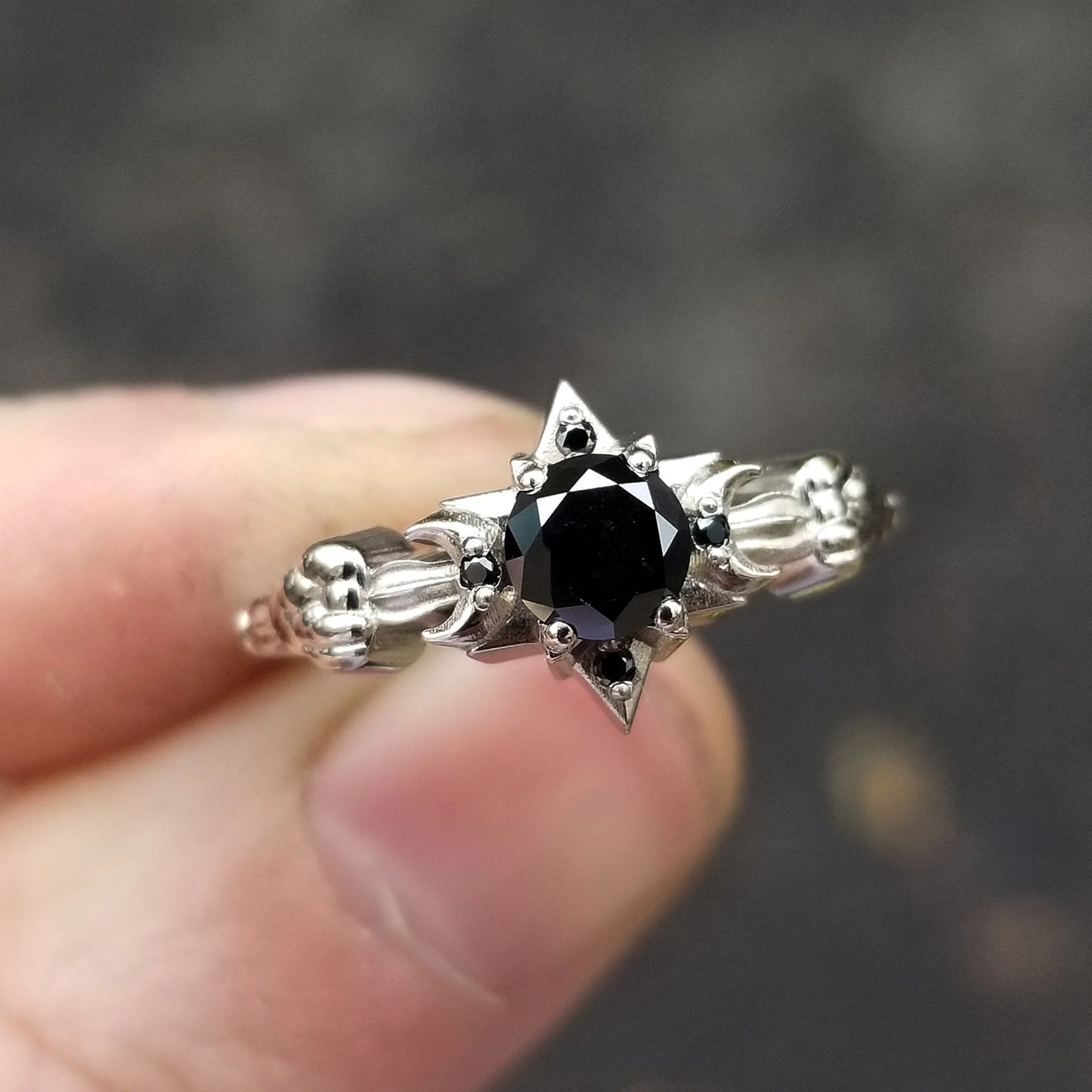 Celestial Black Diamond Engagement Ring - Moon, Star and Clouds - 14k Palladium White Gold Gothic Fine Jewelry - Image 7
