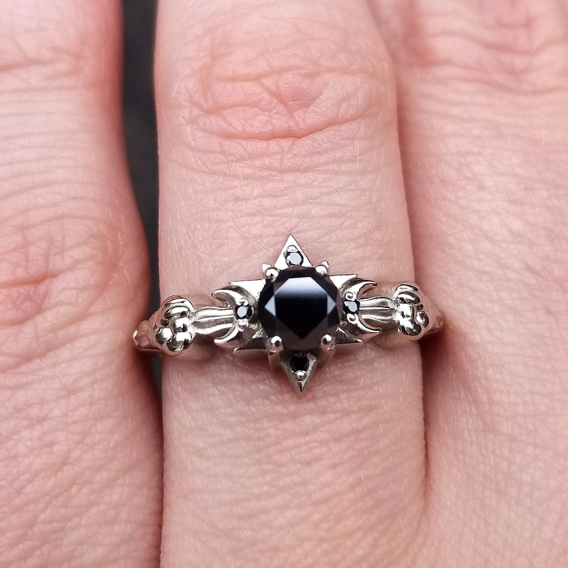 Celestial Black Diamond Engagement Ring - Moon, Star and Clouds - 14k Palladium White Gold Gothic Fine Jewelry - Image 8
