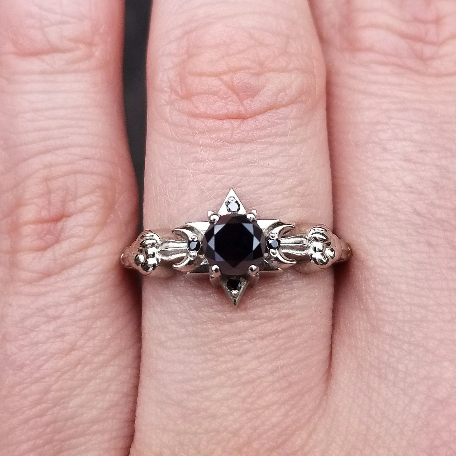 Celestial Black Diamond Engagement Ring - Moon, Star and Clouds - 14k Palladium White Gold Gothic Fine Jewelry - Image 9