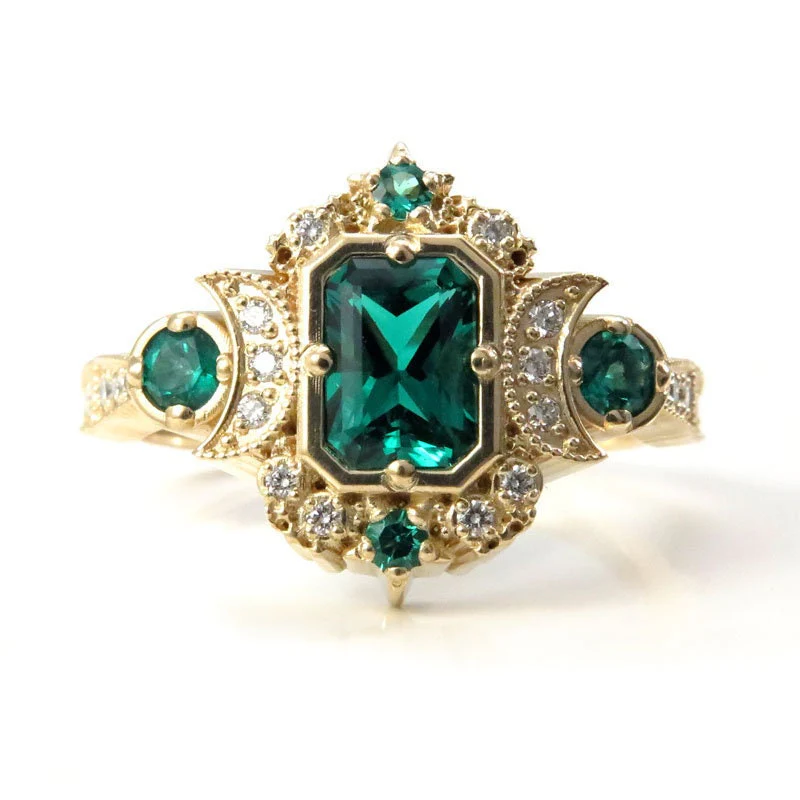 Chatham Emerald Selene Diamond Crescent Moon Engagement Ring - Emerald Cut Emerald - 14k Yellow Gold, 14k Rose Gold or 14k White Gold - Image 3