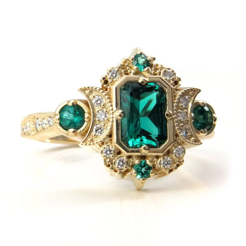 Chatham Emerald Selene Diamond Crescent Moon Engagement Ring - Emerald Cut Emerald - 14k Yellow Gold, 14k Rose Gold or 14k White Gold - Image 4