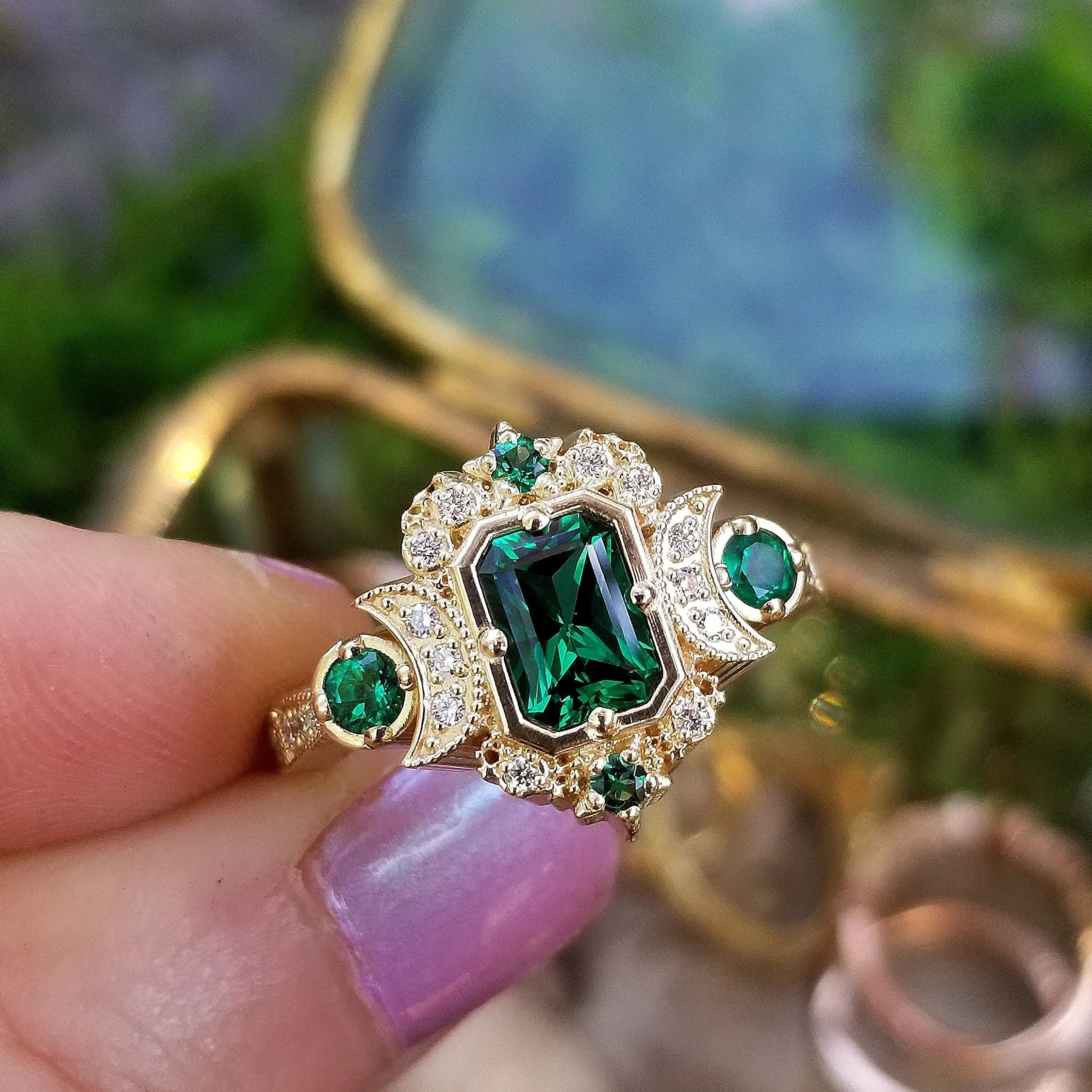 Chatham Emerald Selene Diamond Crescent Moon Engagement Ring - Emerald Cut Emerald - 14k Yellow Gold, 14k Rose Gold or 14k White Gold - Image 5