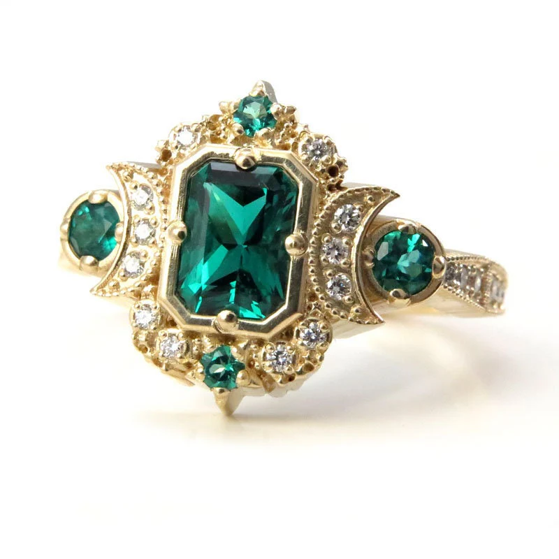 Chatham Emerald Selene Diamond Crescent Moon Engagement Ring - Emerald Cut Emerald - 14k Yellow Gold, 14k Rose Gold or 14k White Gold - Image 6