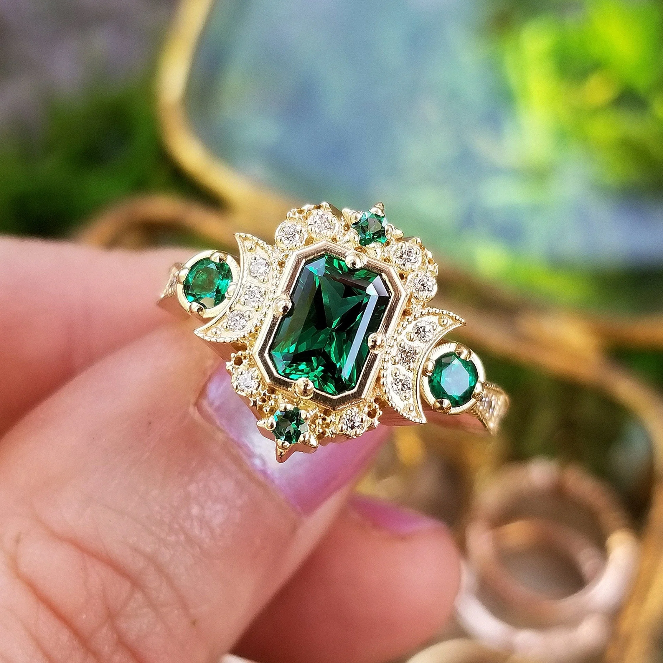 Chatham Emerald Selene Diamond Crescent Moon Engagement Ring - Emerald Cut Emerald - 14k Yellow Gold, 14k Rose Gold or 14k White Gold - Image 8