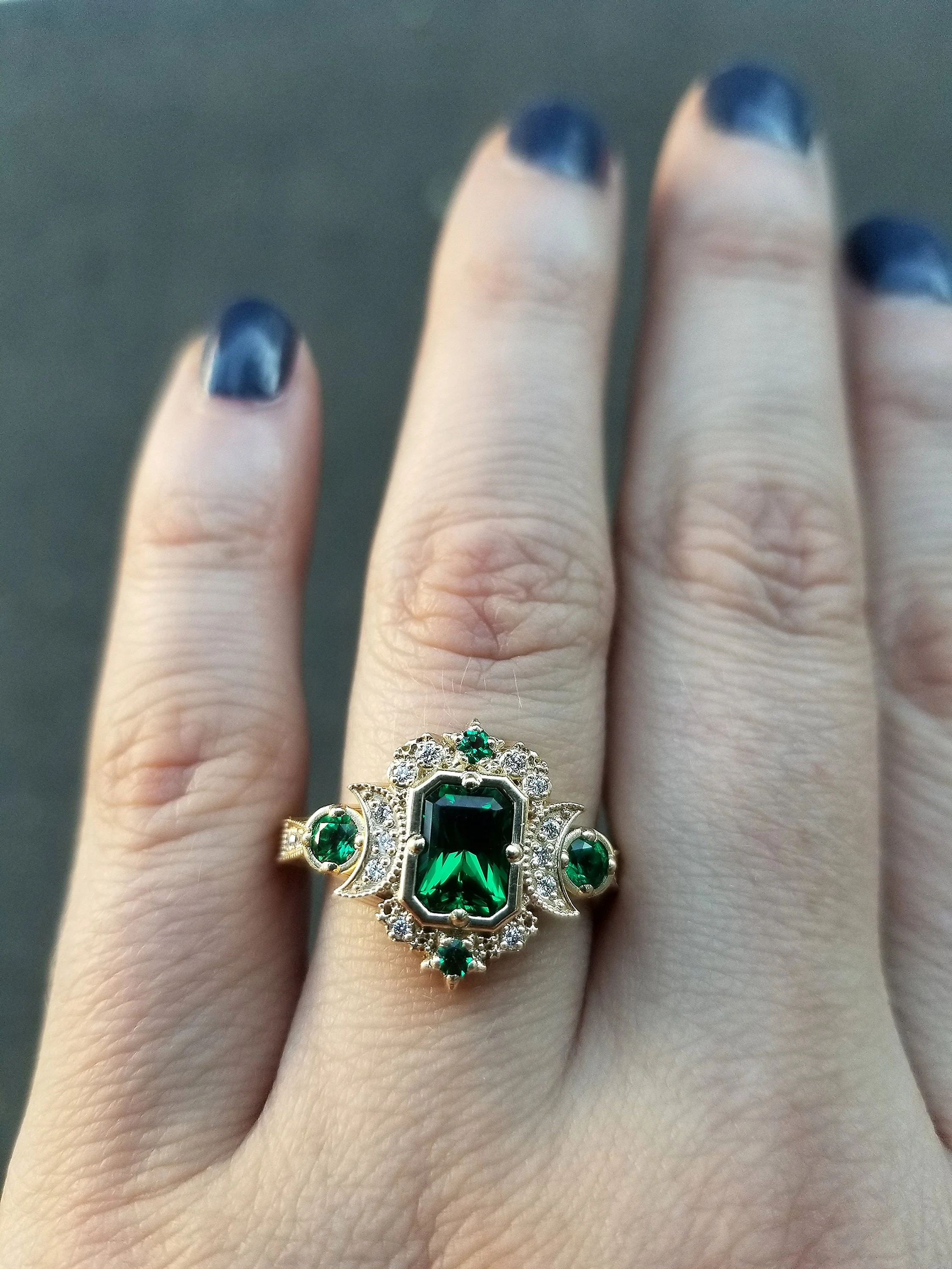 Chatham Emerald Selene Diamond Crescent Moon Engagement Ring - Emerald Cut Emerald - 14k Yellow Gold, 14k Rose Gold or 14k White Gold - Image 9