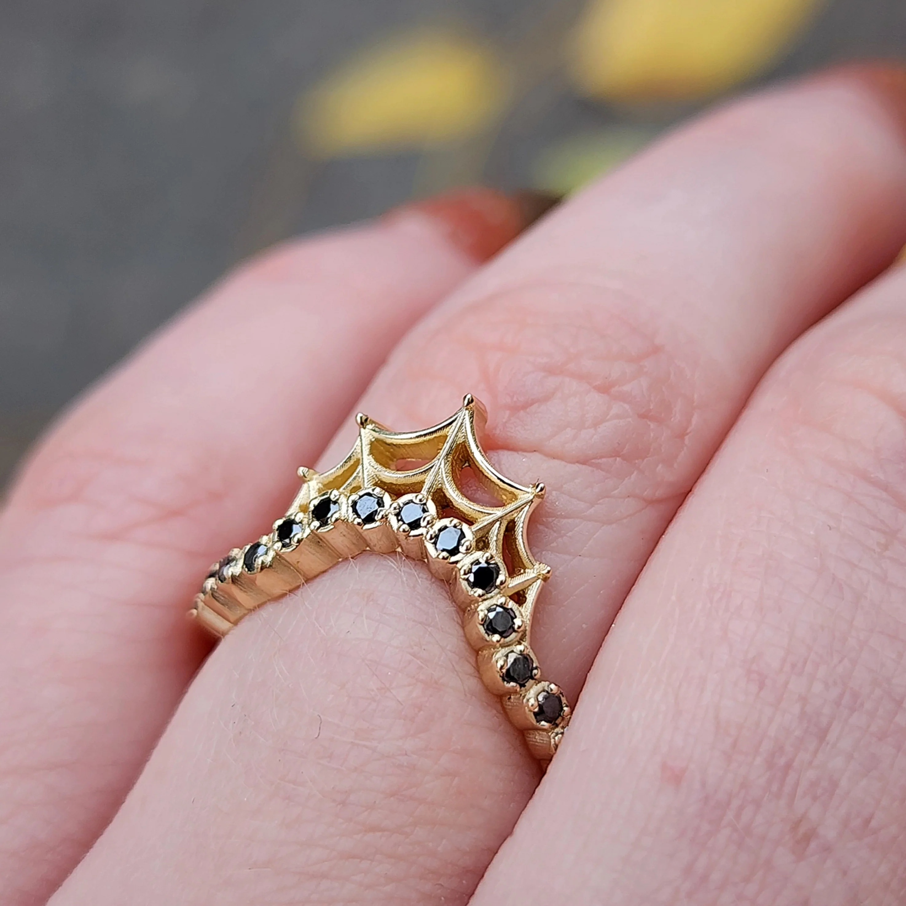 Cob Web Wedding Band with Black or White Diamonds - Spider Web Stacking Ring 14k Gold Gothic Fine Jewelry - Image 3