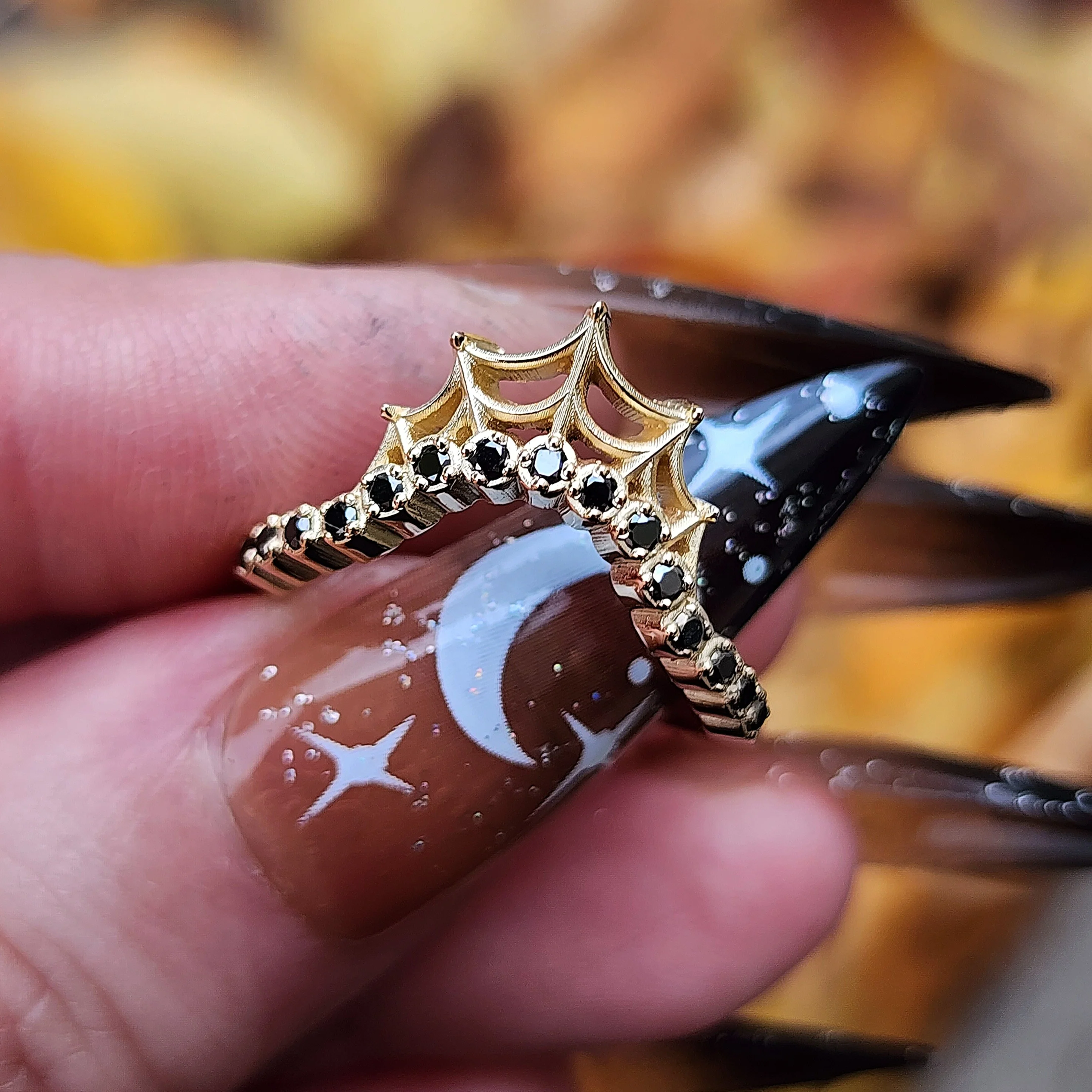 Cob Web Wedding Band with Black or White Diamonds - Spider Web Stacking Ring 14k Gold Gothic Fine Jewelry - Image 4