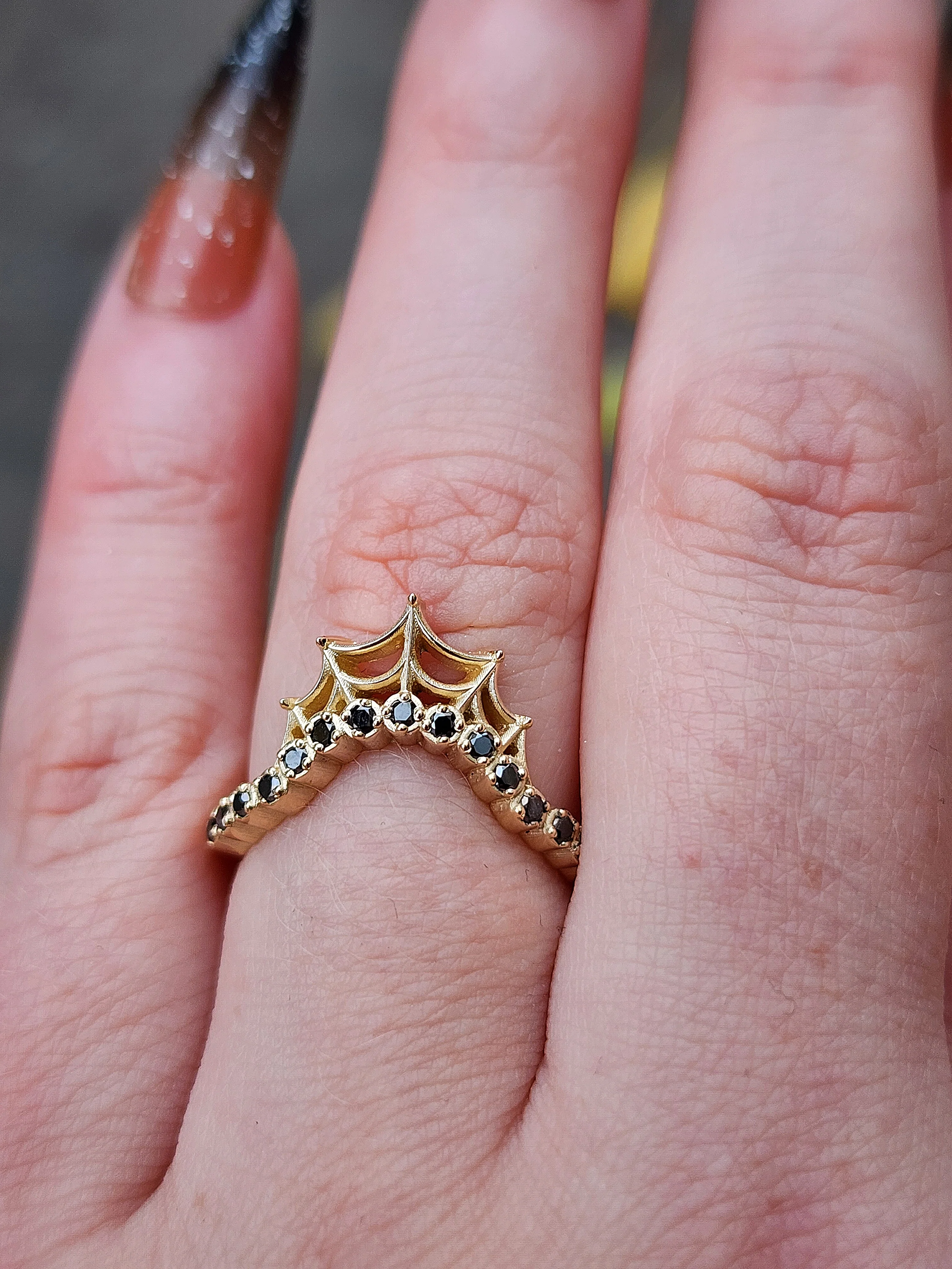 Cob Web Wedding Band with Black or White Diamonds - Spider Web Stacking Ring 14k Gold Gothic Fine Jewelry - Image 5