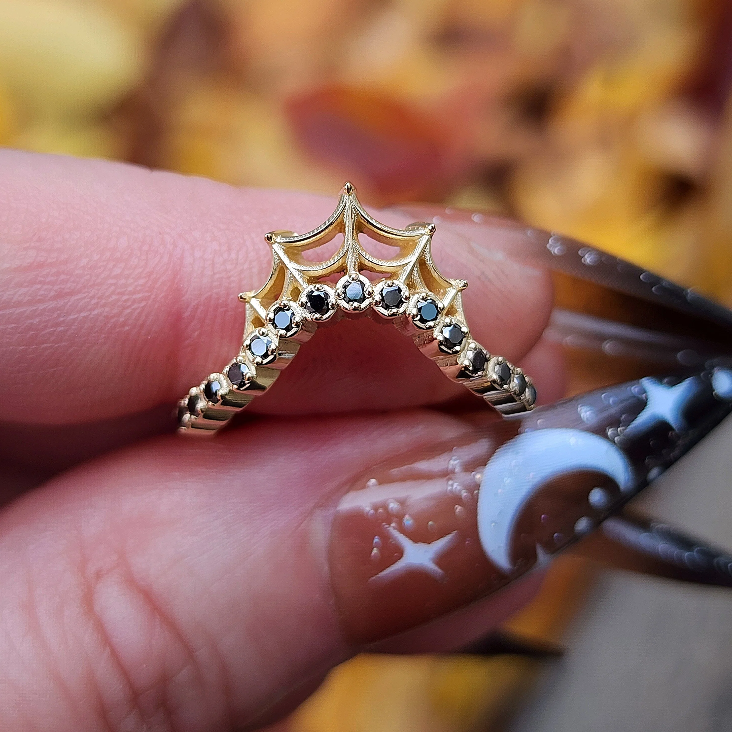 Cob Web Wedding Band with Black or White Diamonds - Spider Web Stacking Ring 14k Gold Gothic Fine Jewelry - Image 6