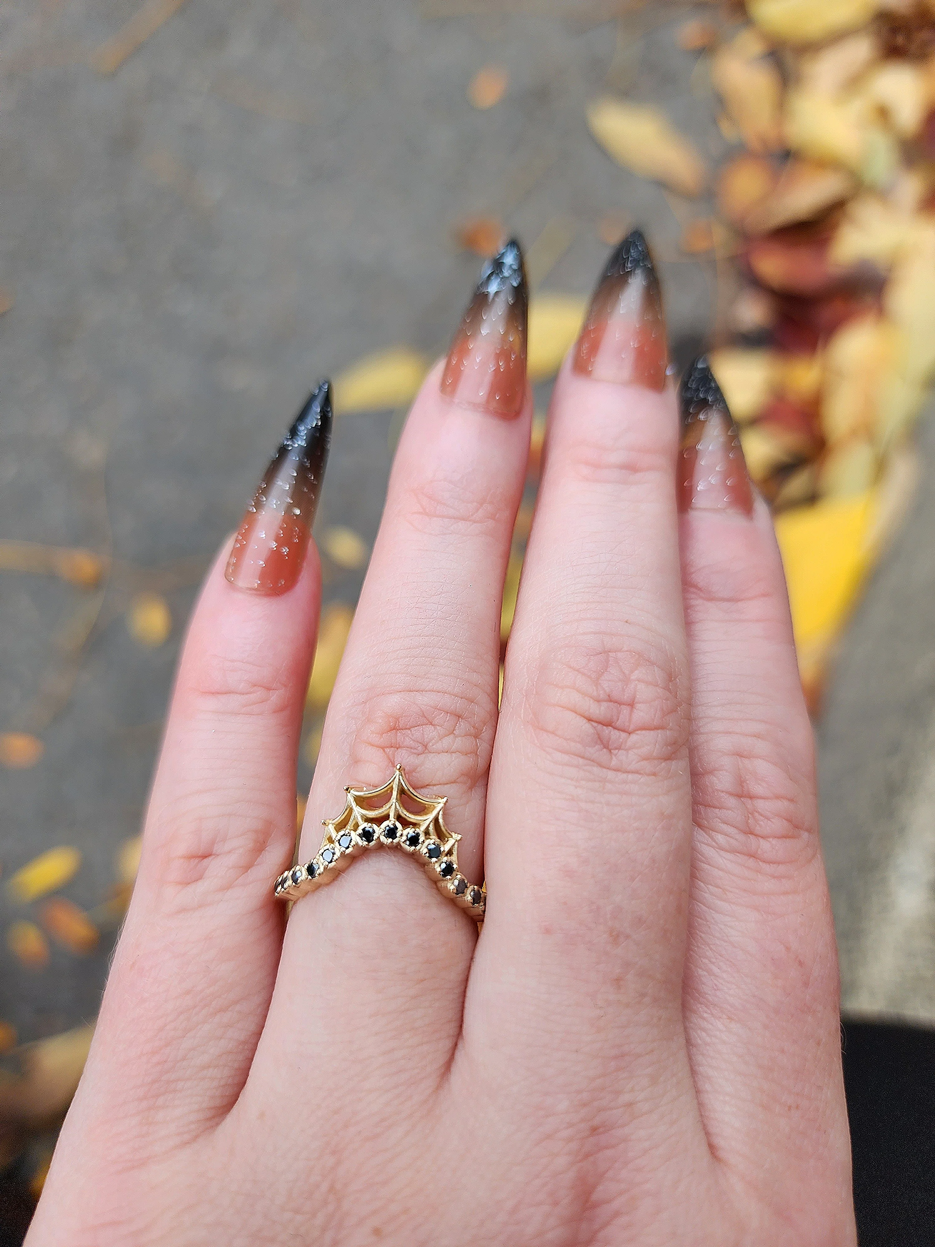 Cob Web Wedding Band with Black or White Diamonds - Spider Web Stacking Ring 14k Gold Gothic Fine Jewelry - Image 7