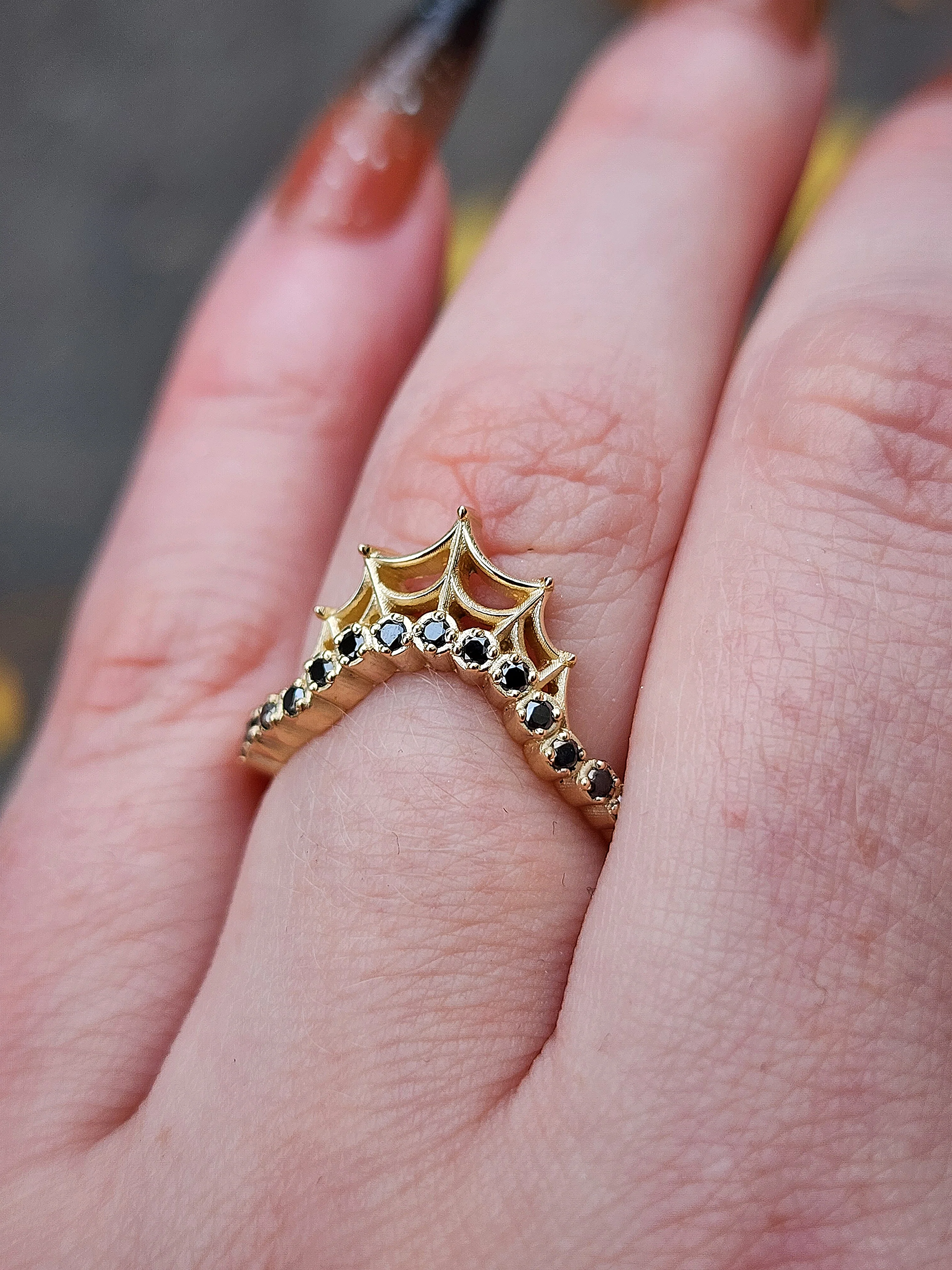 Cob Web Wedding Band with Black or White Diamonds - Spider Web Stacking Ring 14k Gold Gothic Fine Jewelry - Image 8