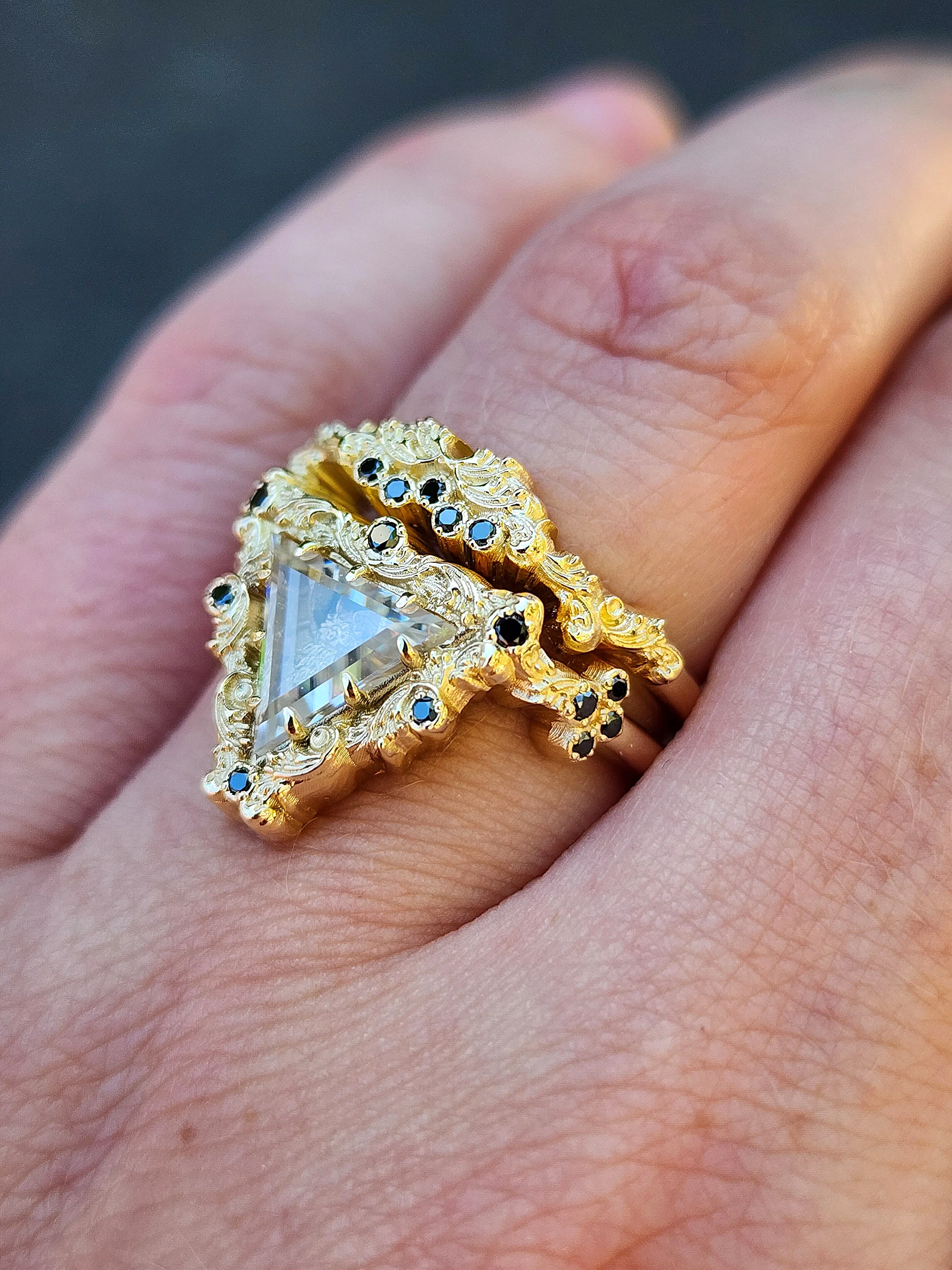 Ready to Ship Victorian Gothic Bat Engagement Ring Shadow Box with Triangle Portrait Cut Moissanite Wedding Ring Set Baroque Scrolls with Black or White Diamonds 14k Gold Ethereal Unique Fine Jewelry - Image 4