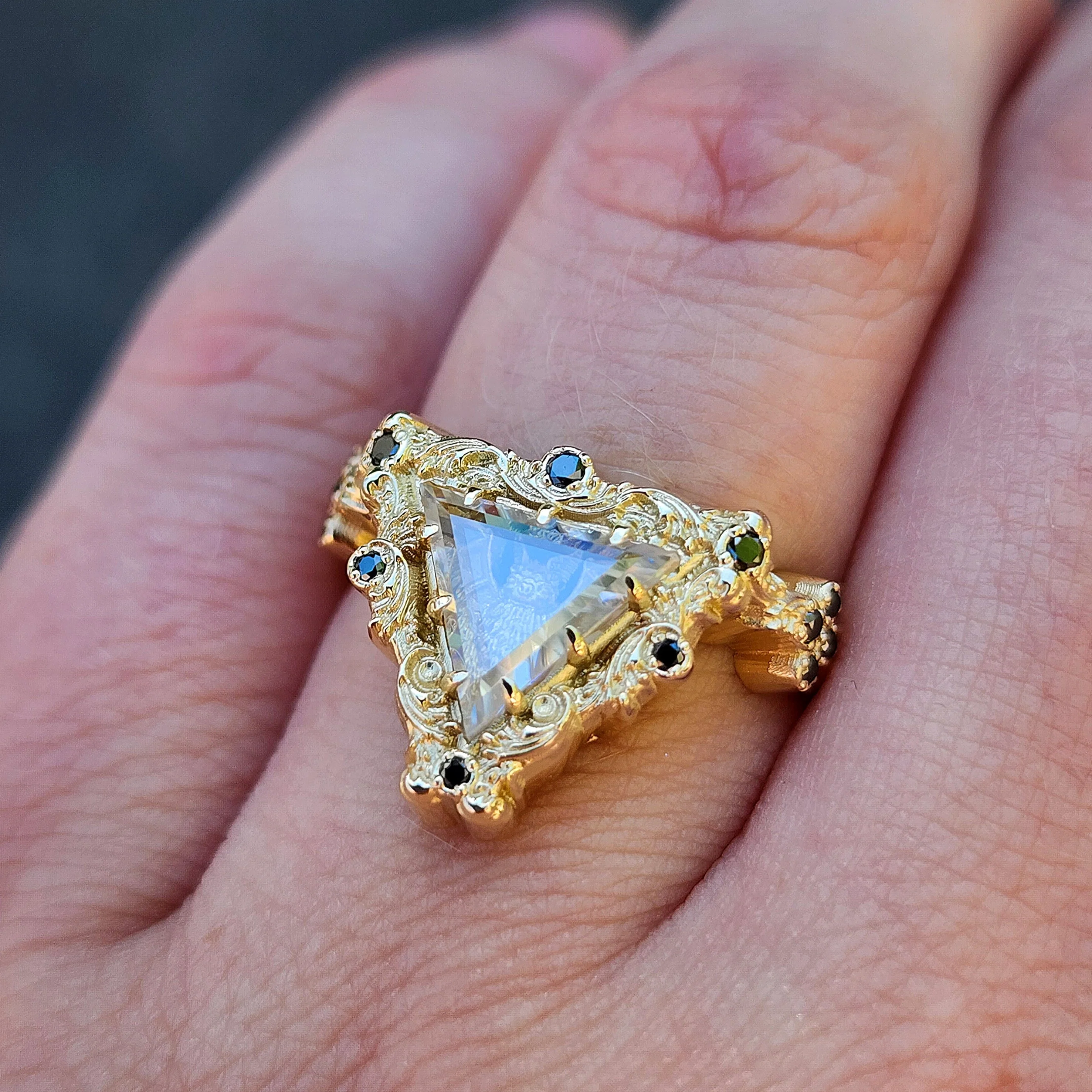 Ready to Ship Victorian Gothic Bat Engagement Ring Shadow Box with Triangle Portrait Cut Moissanite Wedding Ring Set Baroque Scrolls with Black or White Diamonds 14k Gold Ethereal Unique Fine Jewelry - Image 6