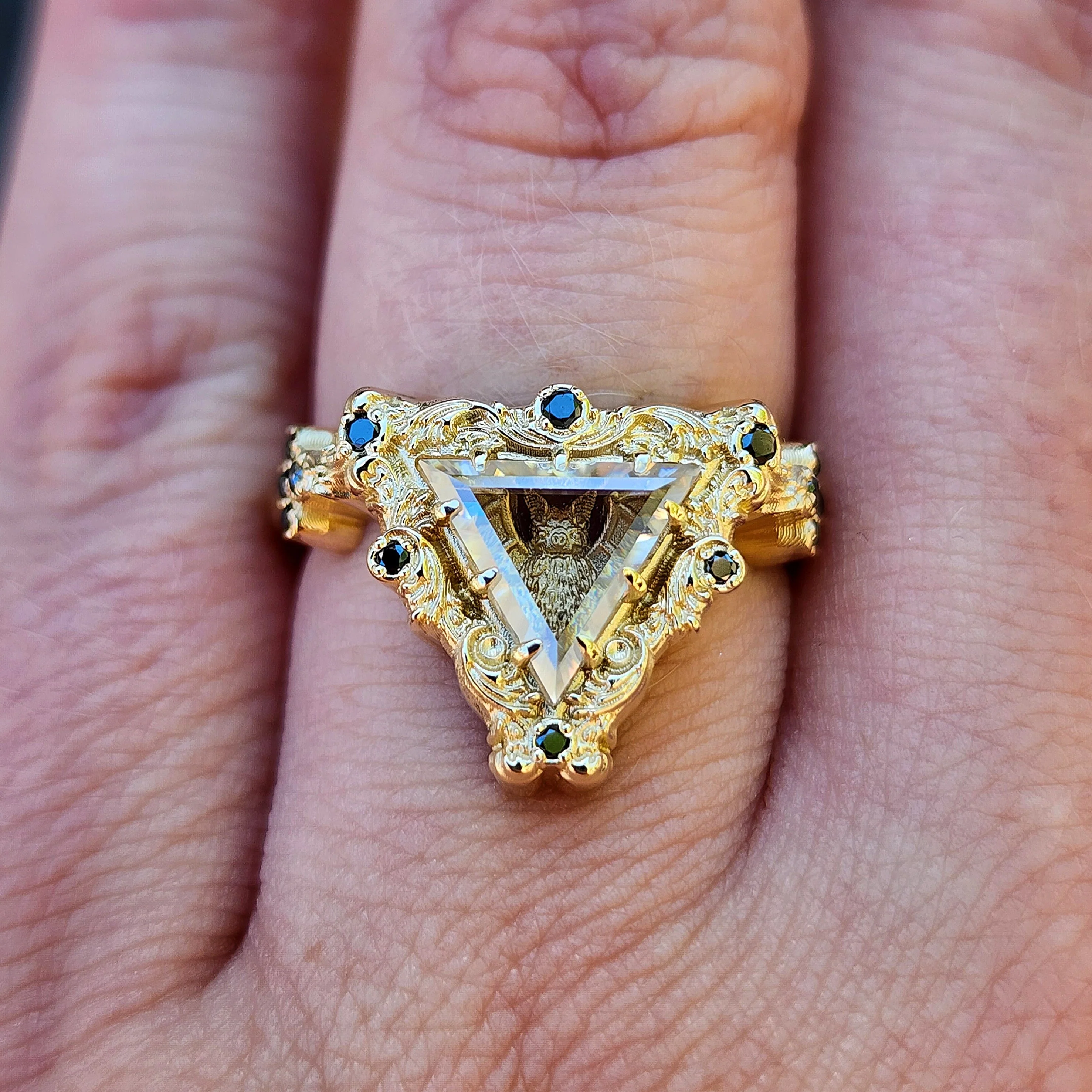Ready to Ship Victorian Gothic Bat Engagement Ring Shadow Box with Triangle Portrait Cut Moissanite Wedding Ring Set Baroque Scrolls with Black or White Diamonds 14k Gold Ethereal Unique Fine Jewelry - Image 8