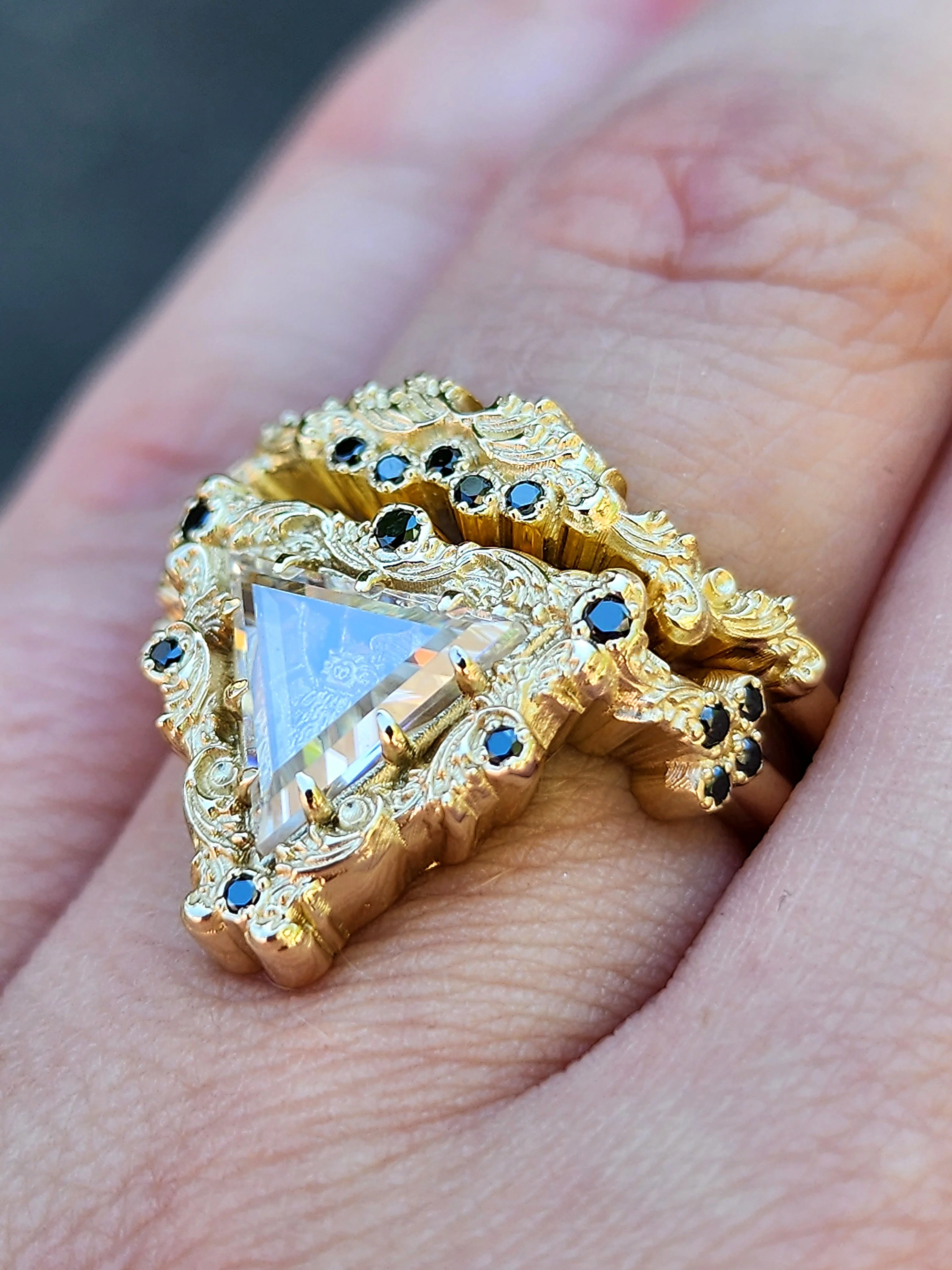 Ready to Ship Victorian Gothic Bat Engagement Ring Shadow Box with Triangle Portrait Cut Moissanite Wedding Ring Set Baroque Scrolls with Black or White Diamonds 14k Gold Ethereal Unique Fine Jewelry - Image 9