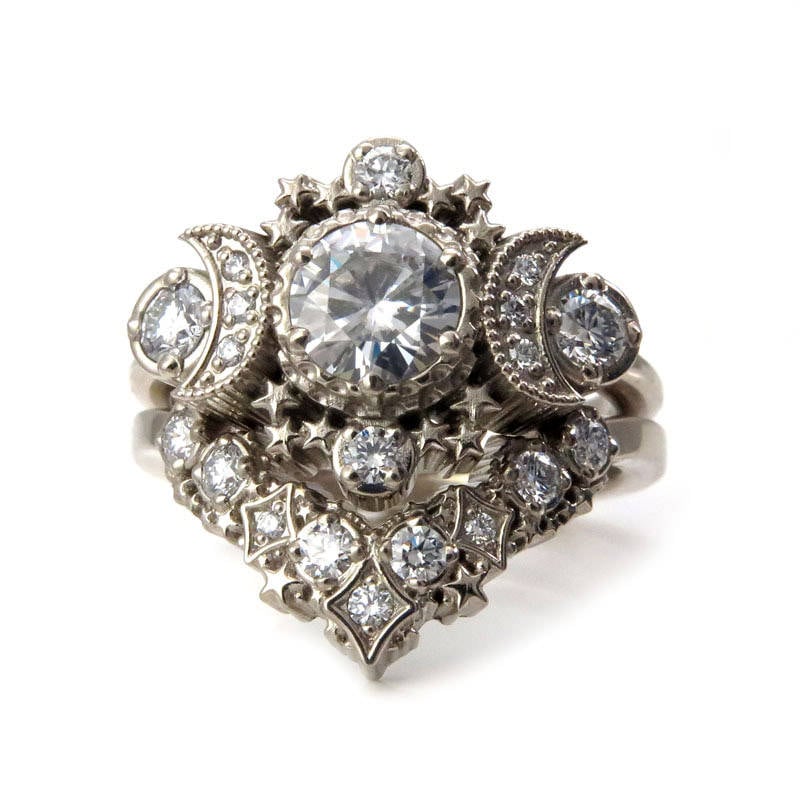 Diamond Cosmos Boho Engagement Ring Set - Diamond, Champagne Diamond, Black Diamond, Salt & Pepper Diamond or Moissanite Center Stone - Image 3