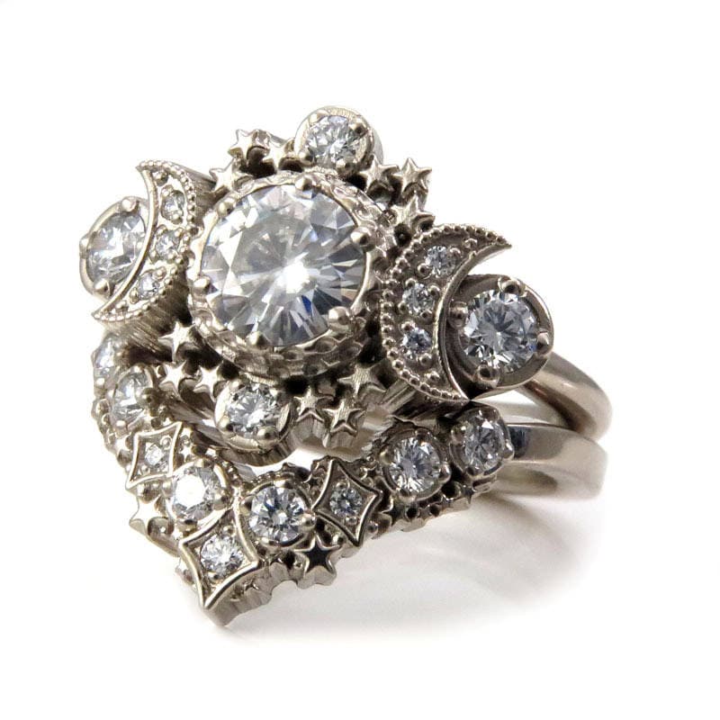 Diamond Cosmos Boho Engagement Ring Set - Diamond, Champagne Diamond, Black Diamond, Salt & Pepper Diamond or Moissanite Center Stone - Image 4