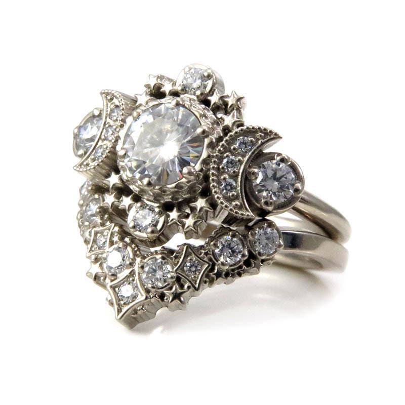 Diamond Cosmos Boho Engagement Ring Set - Diamond, Champagne Diamond, Black Diamond, Salt & Pepper Diamond or Moissanite Center Stone - Image 5