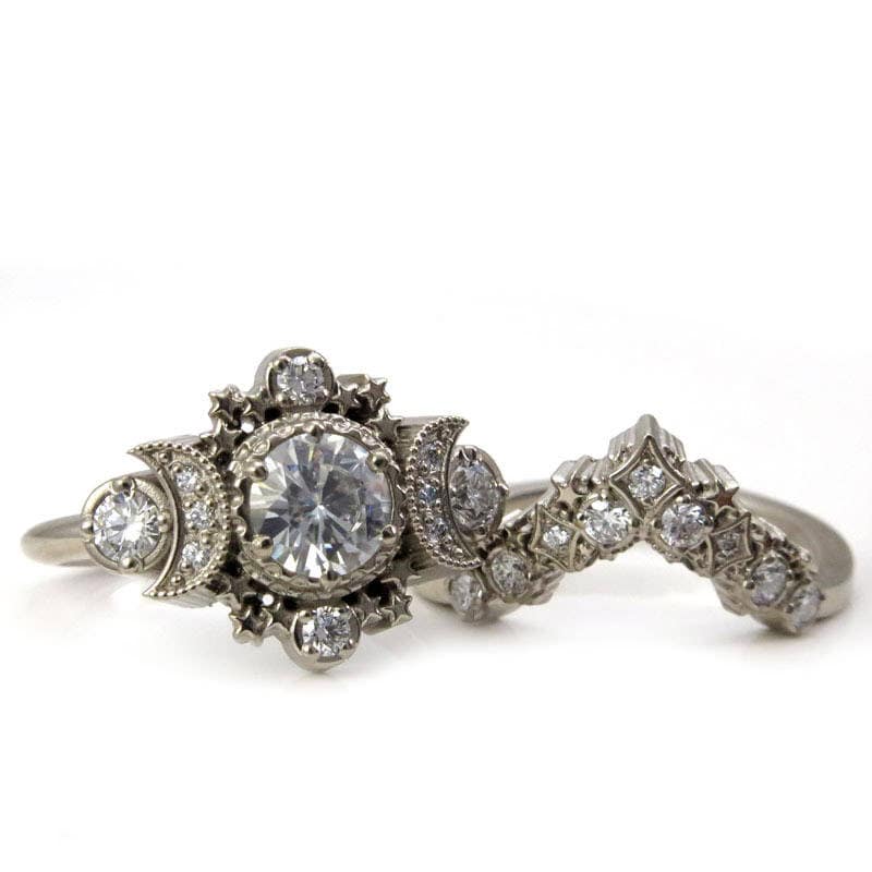 Diamond Cosmos Boho Engagement Ring Set - Diamond, Champagne Diamond, Black Diamond, Salt & Pepper Diamond or Moissanite Center Stone - Image 6