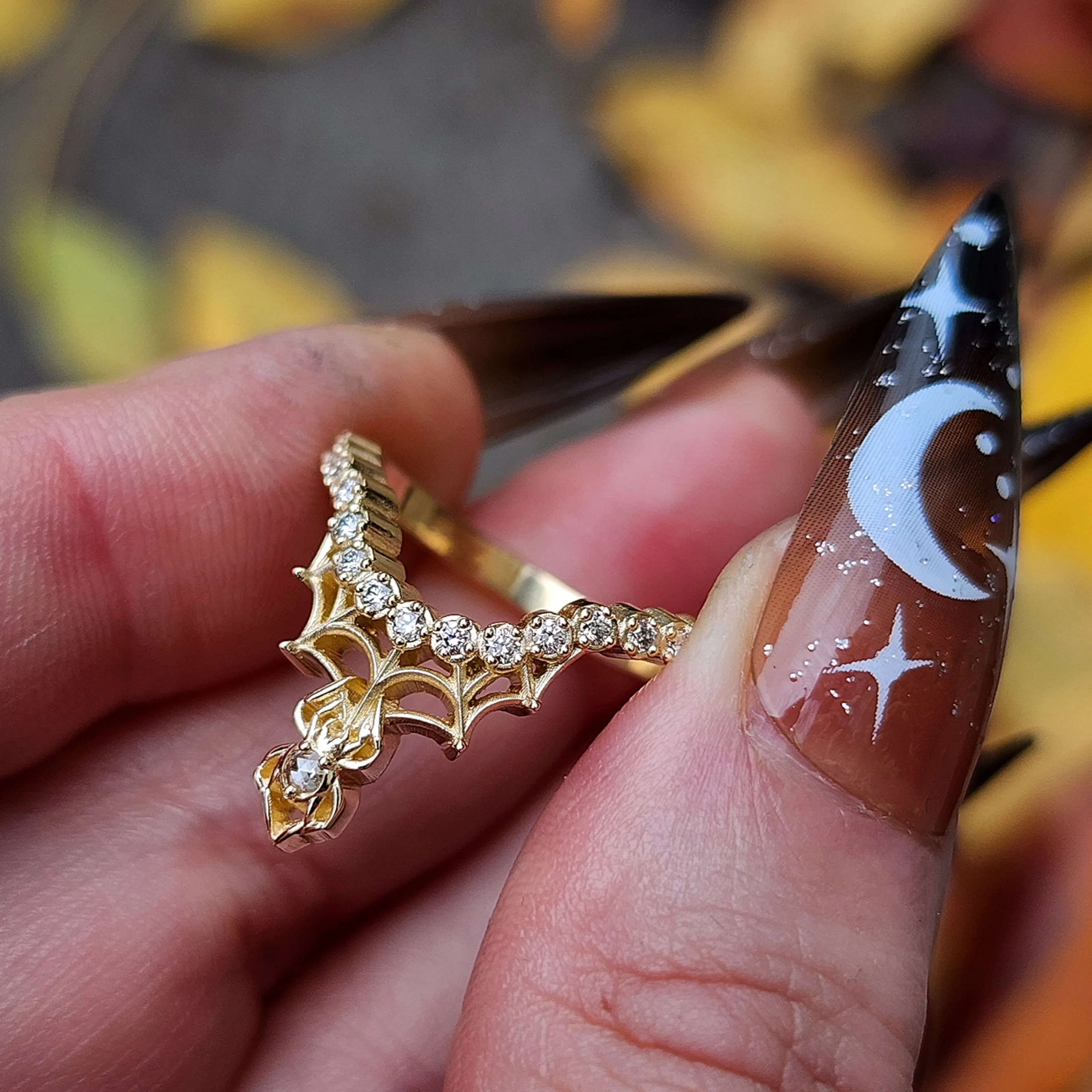 Diamond Spider Web Wedding Band Pave Curved Ring with Black or White Diamonds - Spider Web Stacking Ring 14k Gold Gothic Fine Jewelry - Image 3