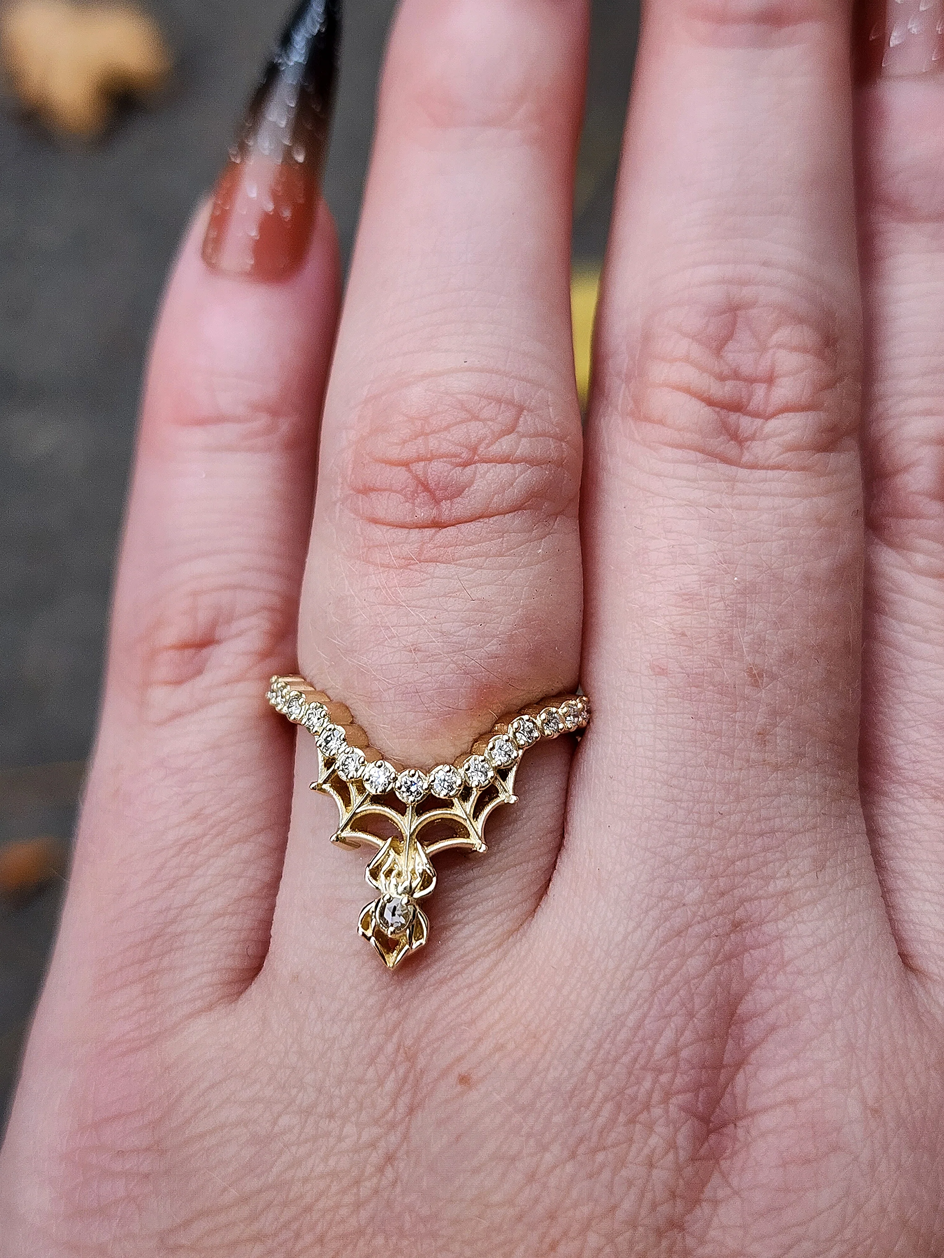 Diamond Spider Web Wedding Band Pave Curved Ring with Black or White Diamonds - Spider Web Stacking Ring 14k Gold Gothic Fine Jewelry - Image 5