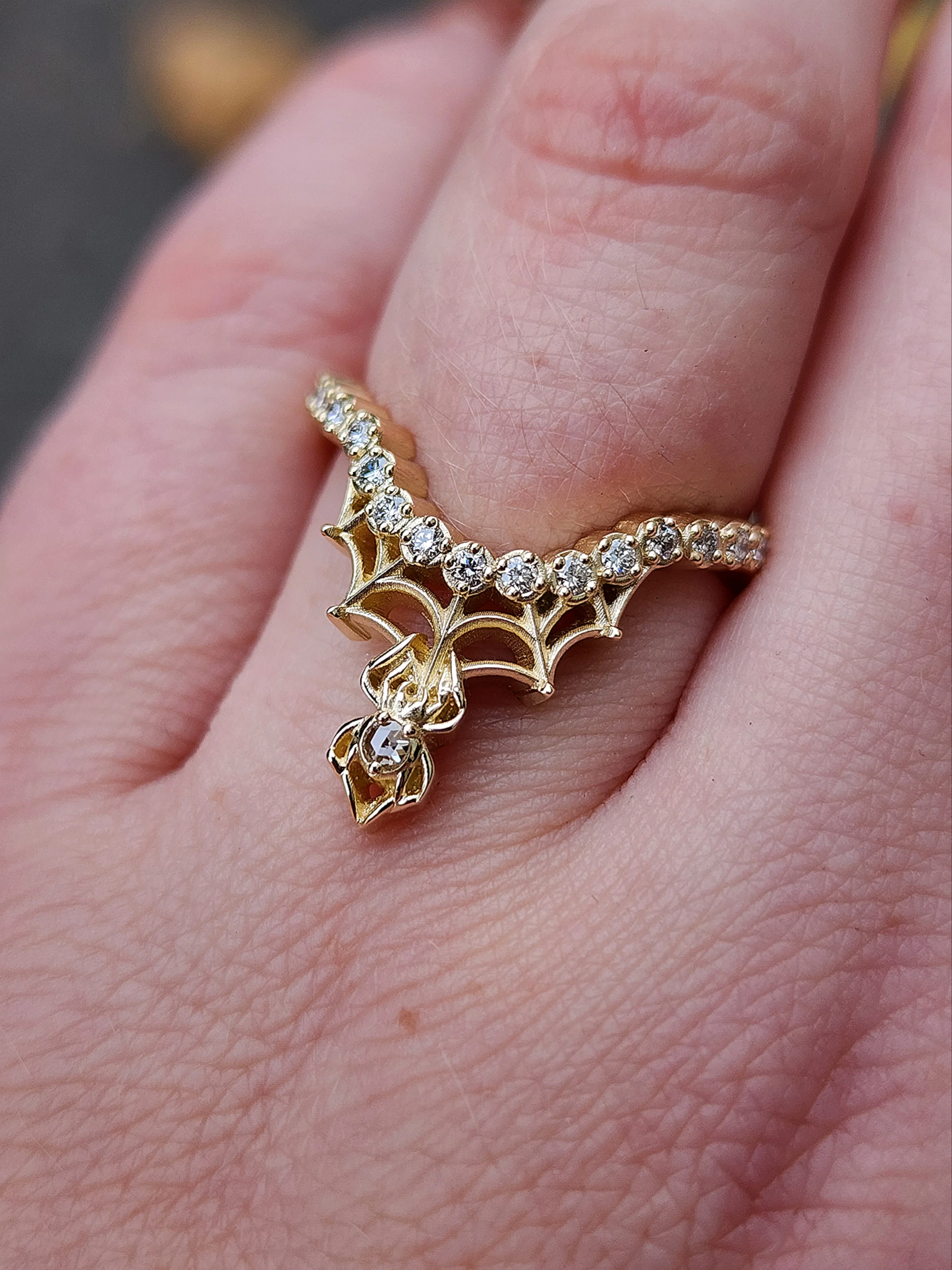 Diamond Spider Web Wedding Band Pave Curved Ring with Black or White Diamonds - Spider Web Stacking Ring 14k Gold Gothic Fine Jewelry - Image 7