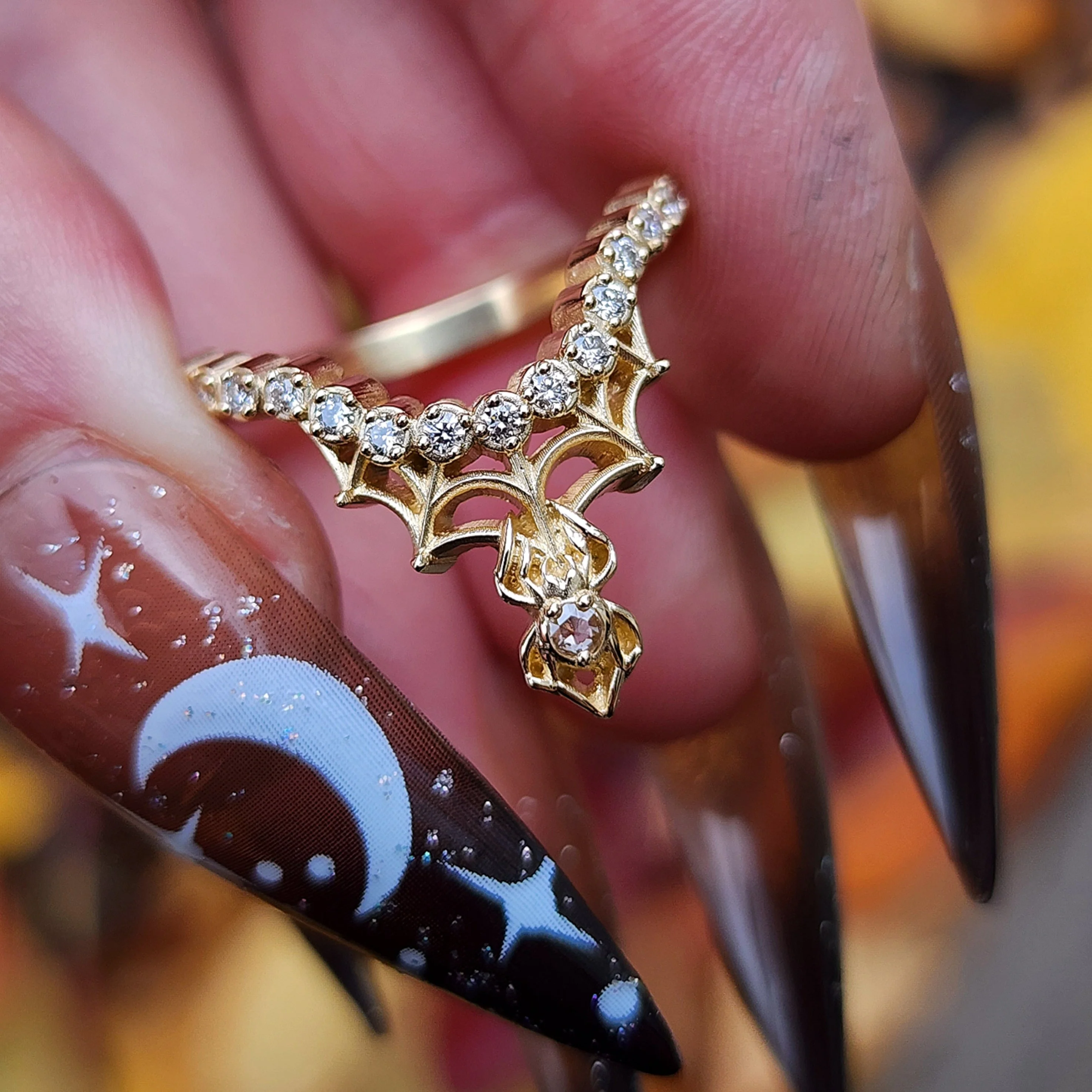 Diamond Spider Web Wedding Band Pave Curved Ring with Black or White Diamonds - Spider Web Stacking Ring 14k Gold Gothic Fine Jewelry - Image 8