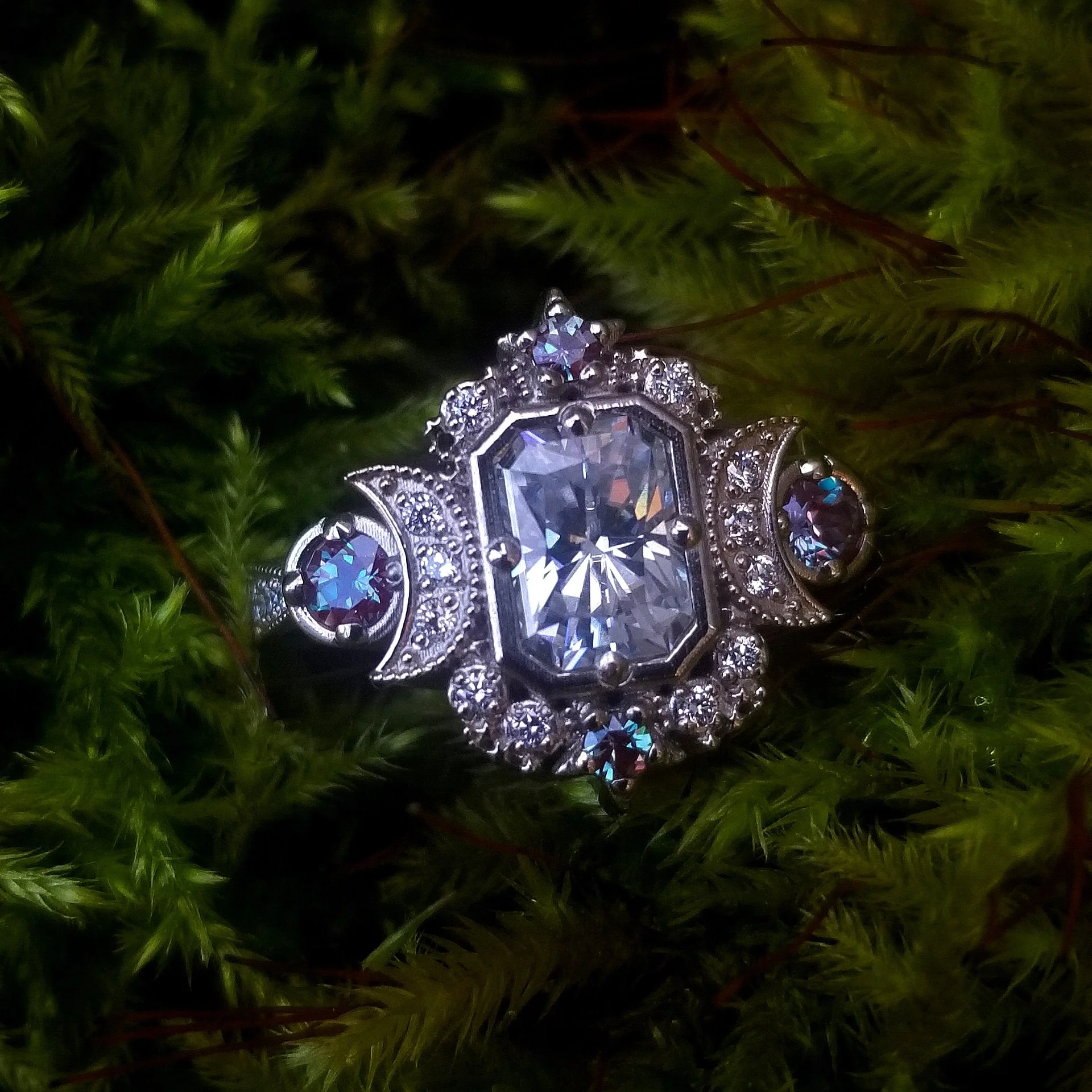 Emerald Cut Selene Moon Goddess Engagement Ring - Moissanite , Diamond and Chatham Alexandrite - 14k Palladium White Gold - Image 4