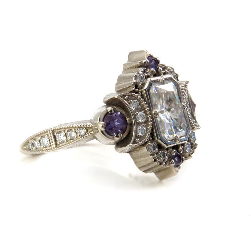 Emerald Cut Selene Moon Goddess Engagement Ring - Moissanite , Diamond and Chatham Alexandrite - 14k Palladium White Gold - Image 6