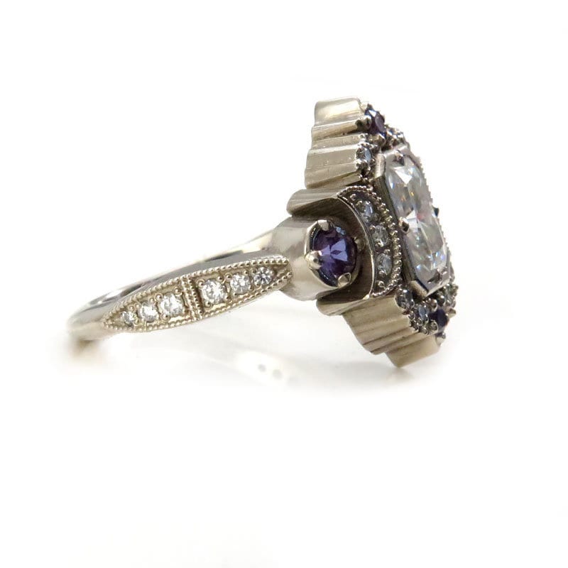 Emerald Cut Selene Moon Goddess Engagement Ring - Moissanite , Diamond and Chatham Alexandrite - 14k Palladium White Gold - Image 7