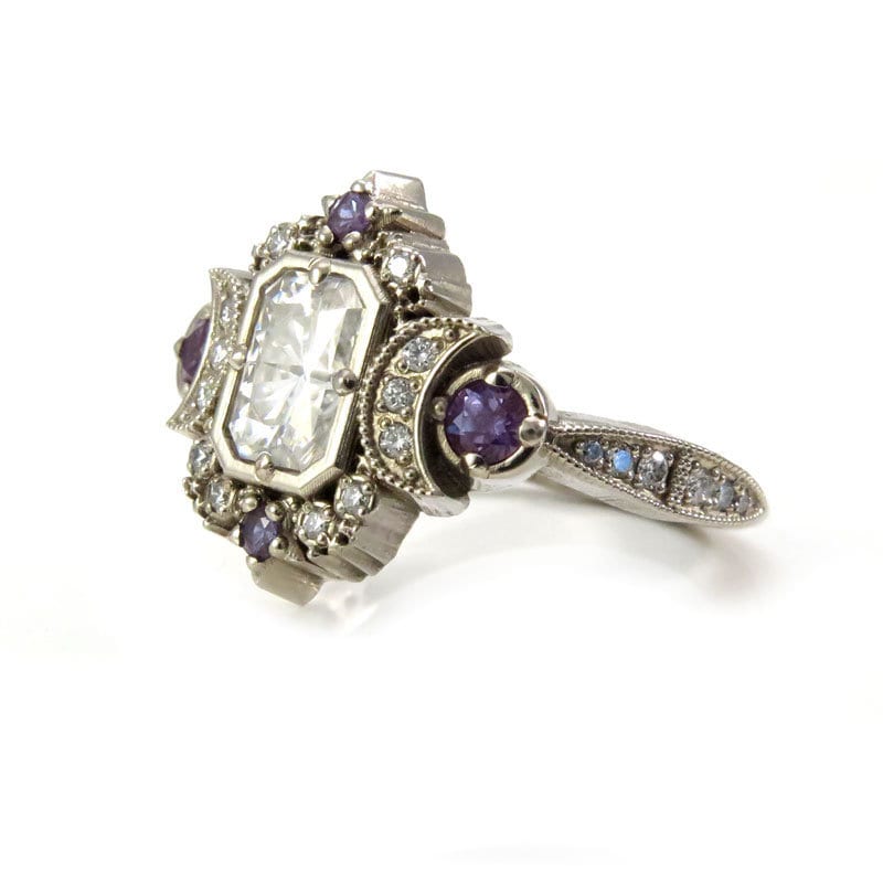 Emerald Cut Selene Moon Goddess Engagement Ring - Moissanite , Diamond and Chatham Alexandrite - 14k Palladium White Gold - Image 8