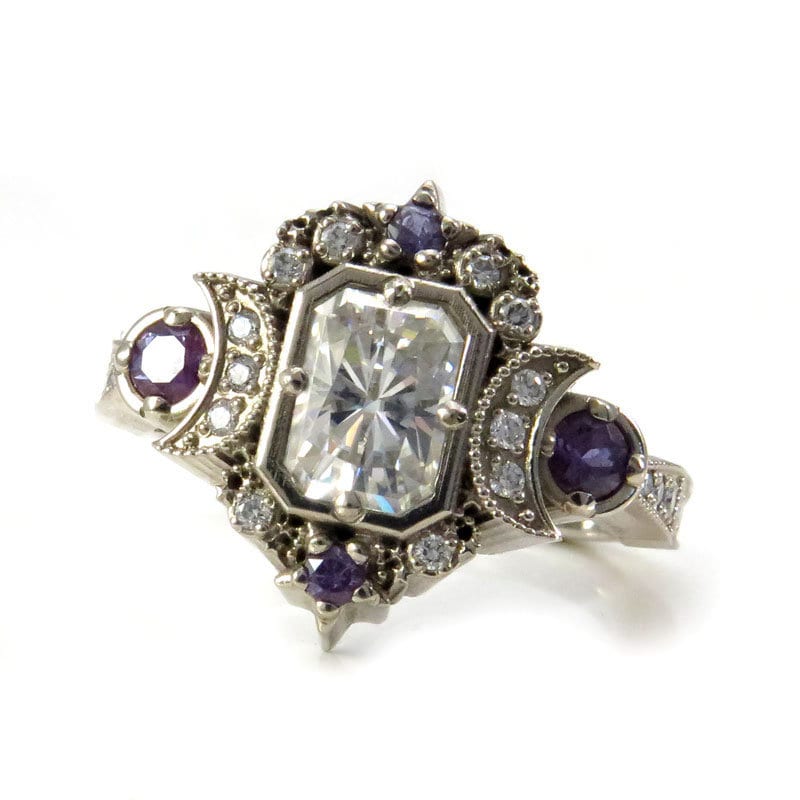 Emerald Cut Selene Moon Goddess Engagement Ring - Moissanite , Diamond and Chatham Alexandrite - 14k Palladium White Gold - Image 9