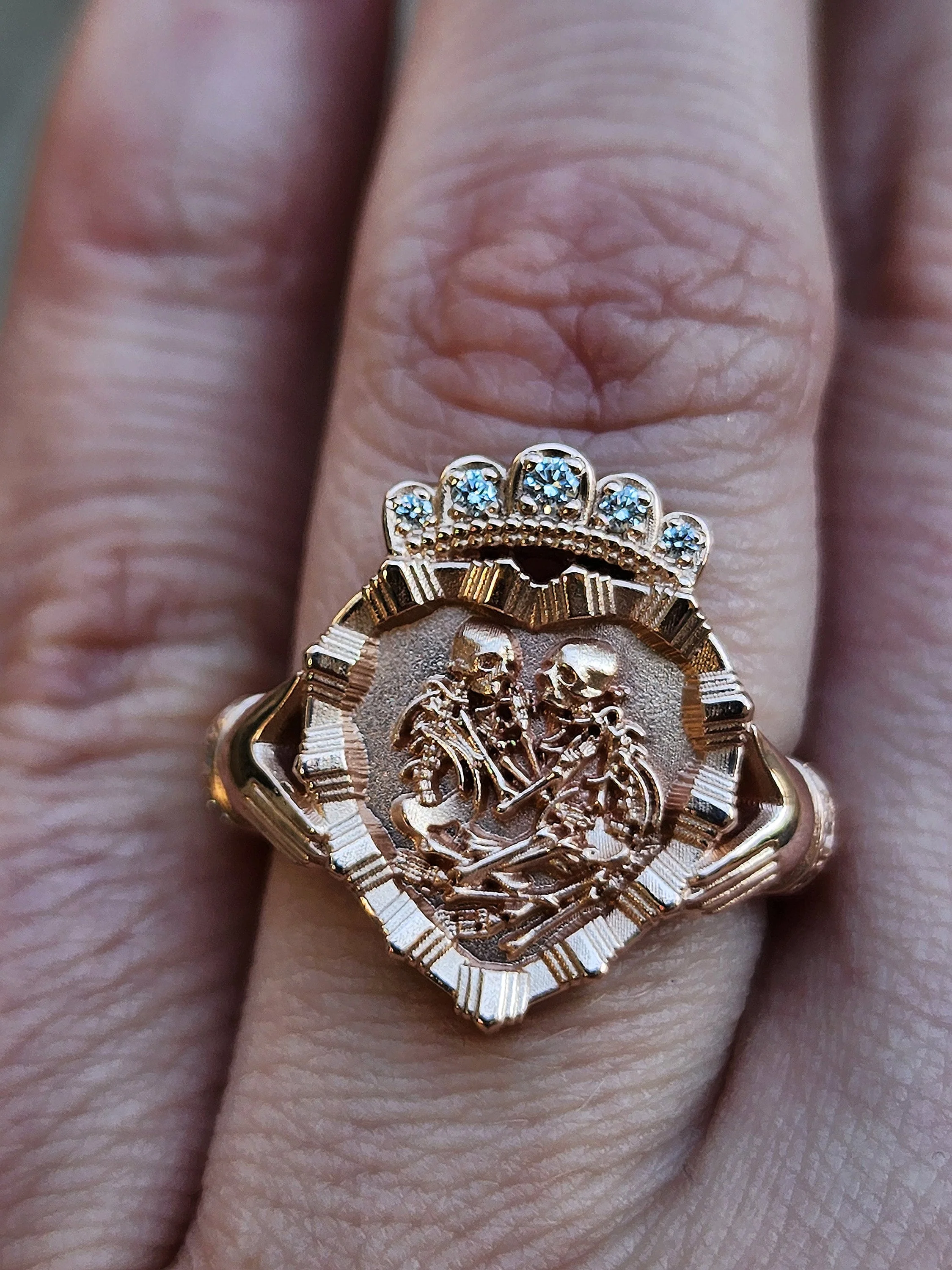 Game of Bones - Lovers of Valdaro Claddagh Fede Victorian Inspired Memento Mori Skeleton Ring with Diamond Crown and Cuffs - Drawlloween - Image 3