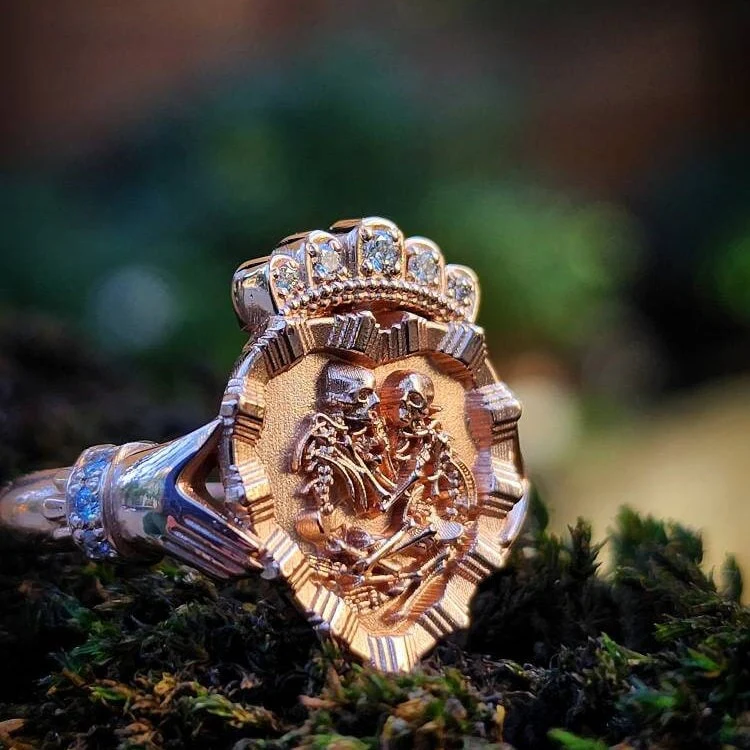 Game of Bones - Lovers of Valdaro Claddagh Fede Victorian Inspired Memento Mori Skeleton Ring with Diamond Crown and Cuffs - Drawlloween - Image 4