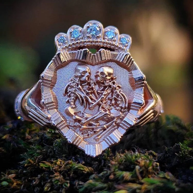 Game of Bones - Lovers of Valdaro Claddagh Fede Victorian Inspired Memento Mori Skeleton Ring with Diamond Crown and Cuffs - Drawlloween - Image 7