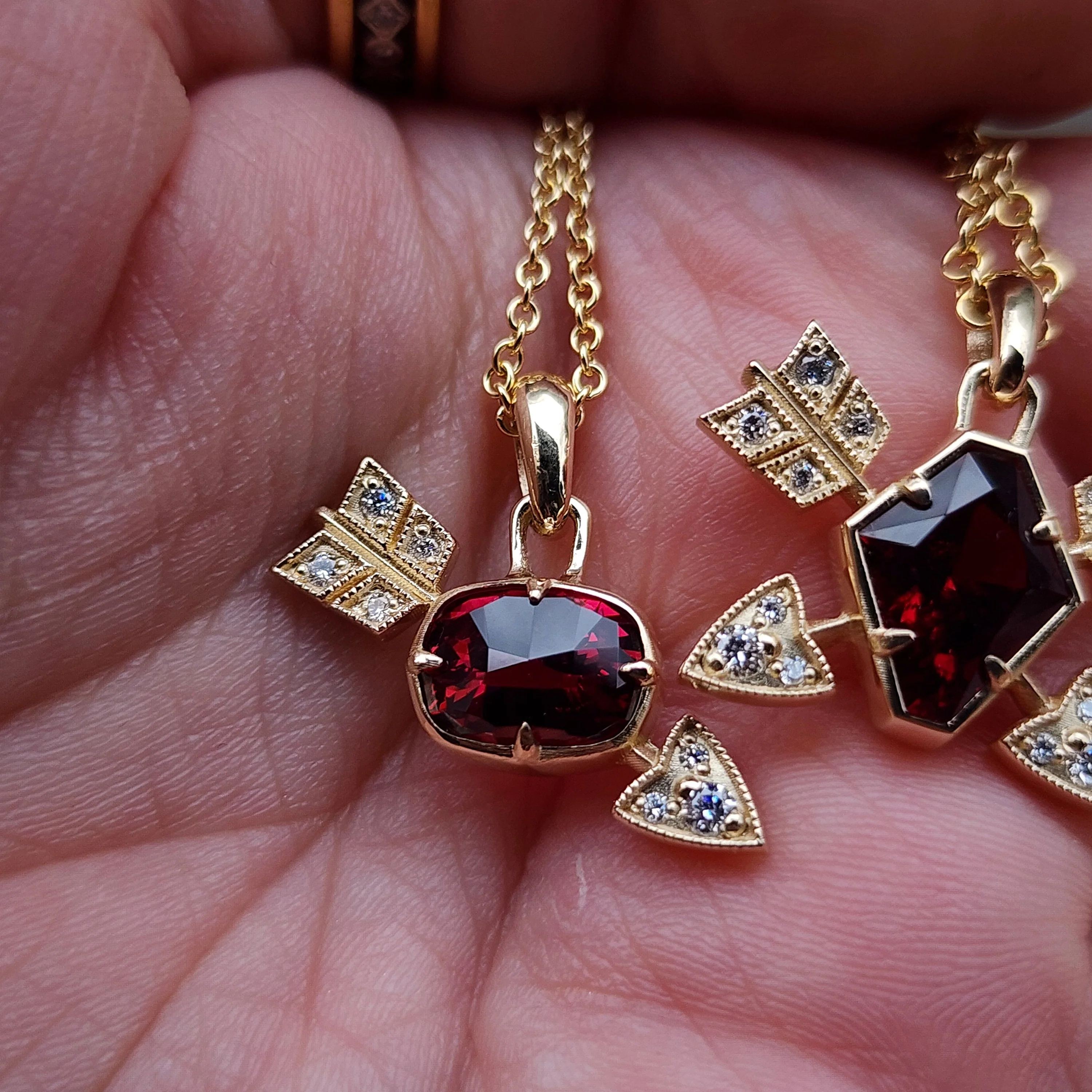 Ready to Ship - Garnet and Diamond Arrow Cupid Pendants - 14k Yellow Gold - Image 11