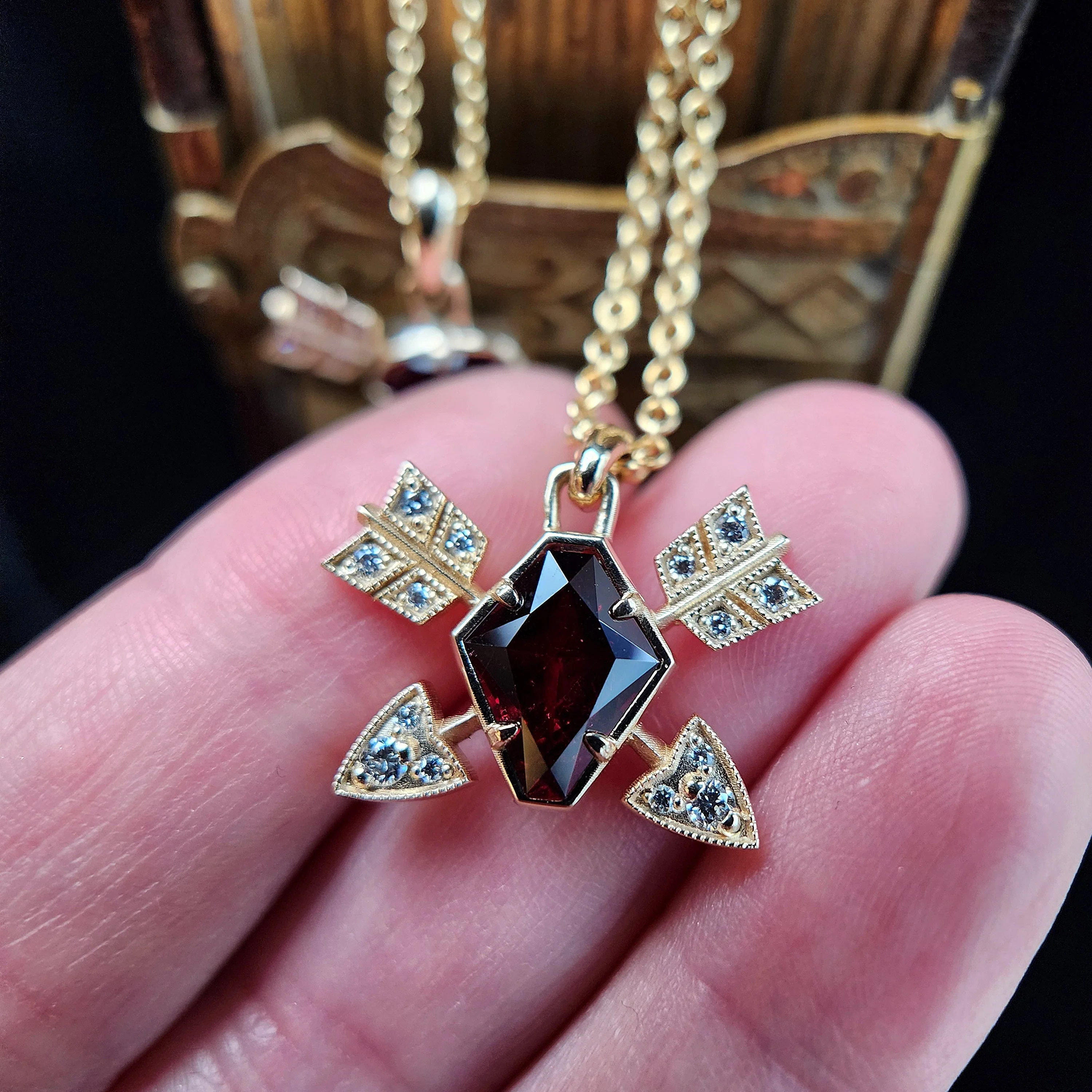 Ready to Ship - Garnet and Diamond Arrow Cupid Pendants - 14k Yellow Gold - Image 3